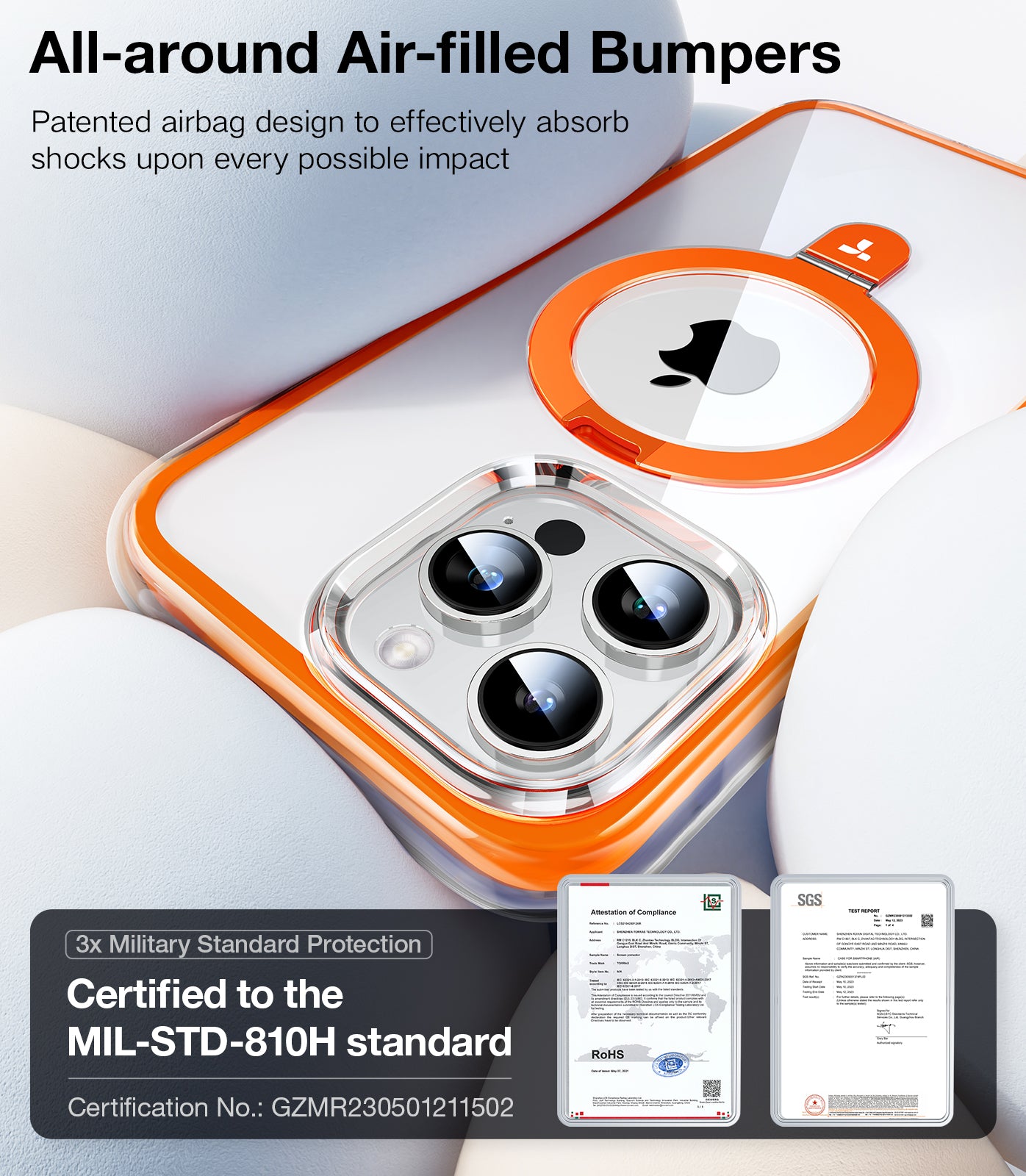 TORRAS 360° Encircling Air Cushion Ultra Protection, Magnetic Ostand SS Air Designed for iPhone 15 Pro Max Case, Compatible with MagSafe, Horizontal/Vertical Kickstand, Clear Slim Hard Back Soft Edge Anti-Yellowing Technology, Ostand SS, Orange