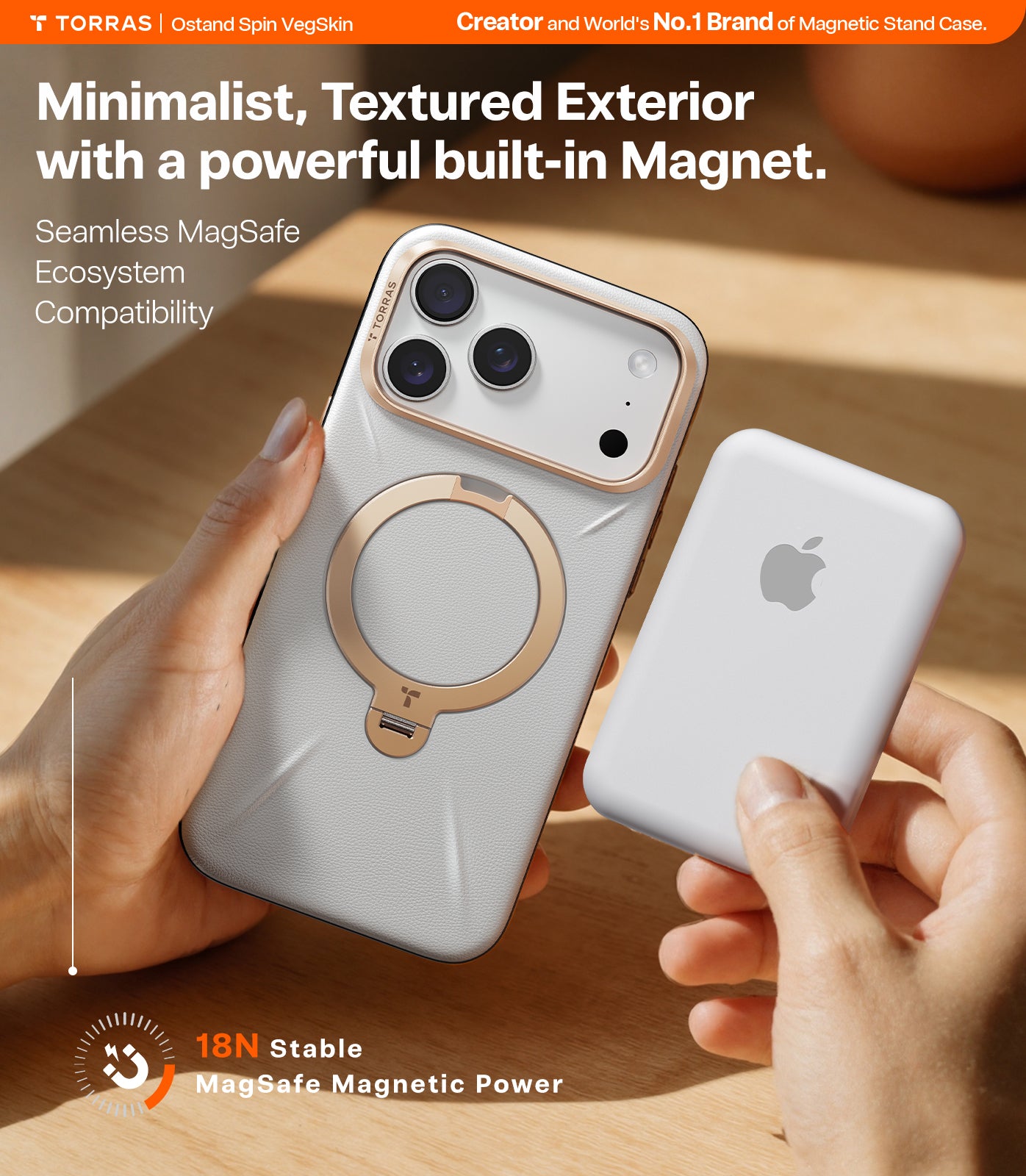 TORRAS Ostand Spin VegSkin Series Case for iPhone 17 Pro (6.3") 2025– Magnetic Stand, Premium Leather Touch, Ultra-Thin 360° Rotatable Metal Stand, MagSafe Compatible, Anti-Stain, Slim & Lightweight Cover - Pearl Grey