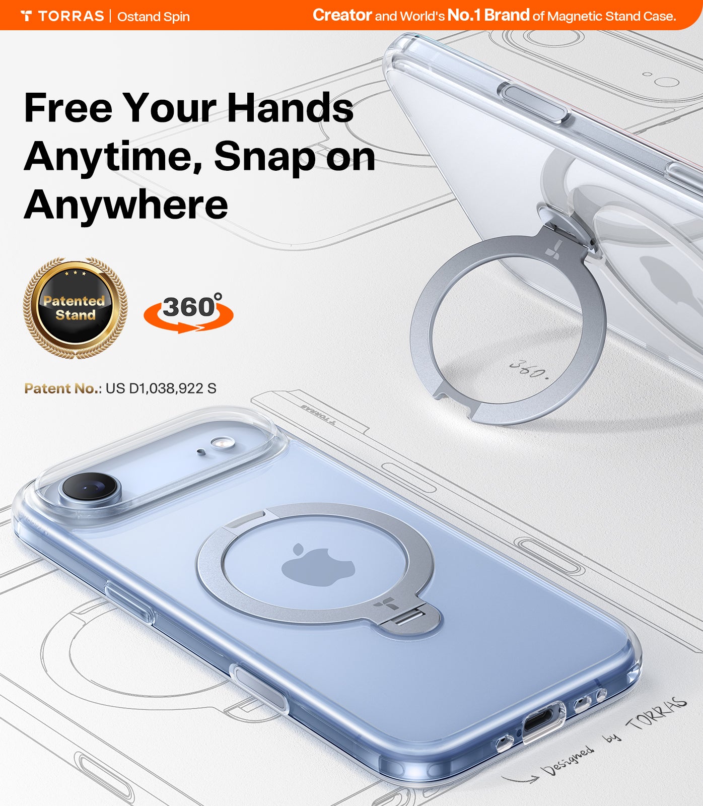 TORRAS Ostand Spin Series for iPhone 17 Air Case, 360° Spin Magnetic Stand, MagSafe Compatible, Mil-Grade Protection Case with Kickstand – Clear