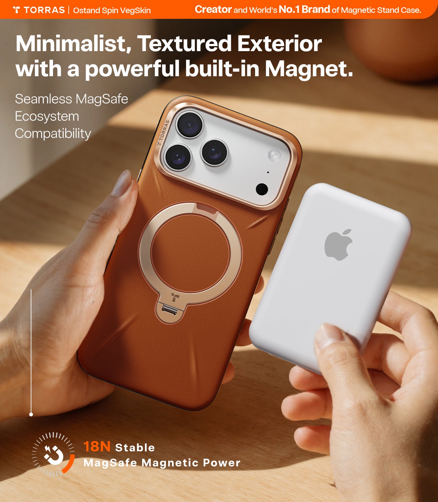 TORRAS Ostand Spin VegSkin Series Case for iPhone 17 Pro Max (6.9") 2025– Magnetic Stand, Premium Leather Touch, Ultra-Thin 360° Rotatable Metal Stand, MagSafe Compatible, Anti-Stain, Slim & Lightweight Cover - Amber Brown