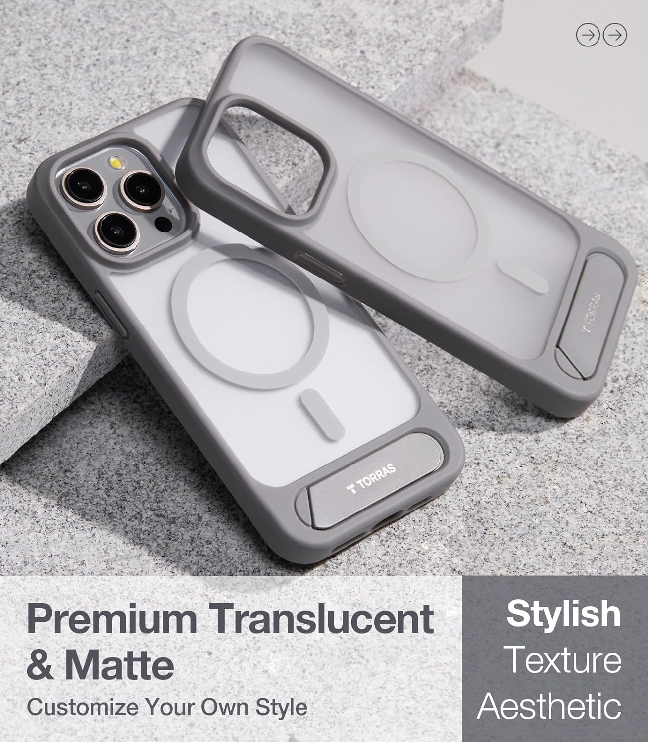 TORRAS Magnetic & Seamless Stand for iPhone 15 Pro Max Case, Fit for MagSafe, Mil-Grade Drop Protection, Adjustable Kickstand Phone Case for iPhone 15 Pro Max, Slim Frosted Matte, Pstand, Titanium Grey