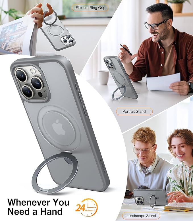 TORRAS Magnetic Ostand for iPhone 15 Pro Max Case 6.7 inch, [Mil-Grade Drop Tested][Compatible with MagSafe][Built in Kickstand] Translucent Slim Back Soft Edge, Ostand matte, Frost Grey