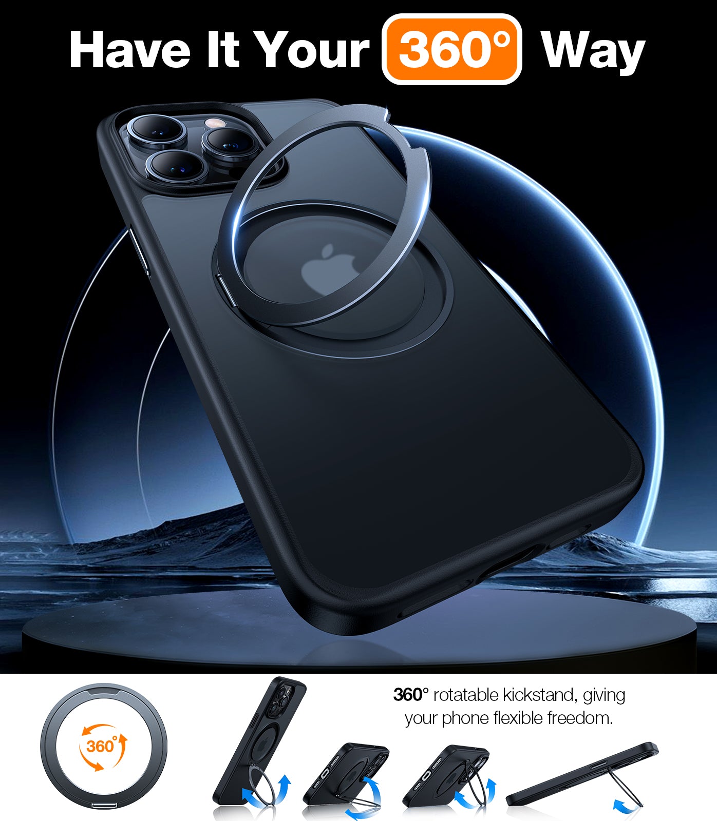 TORRAS 360°Rotatable Magnetic Ring for iPhone 15 Pro Max Case, Fit for MagSafe with Stand & Ring Holder, [Mil-Grade Shockproof Translucent Back for iPhone 15 ProMax Case Ostand Pro, Black