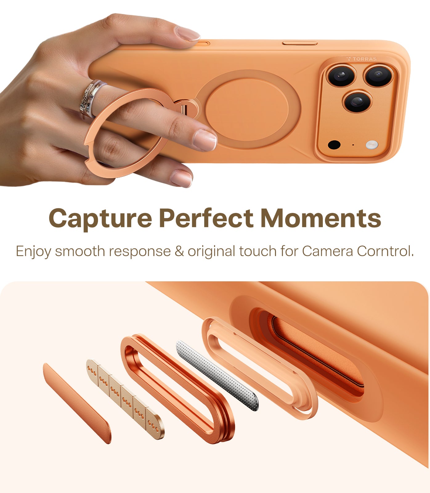 TORRAS Ostand Q3 Spin Silicone Series for iPhone 17 Pro Max (6.9-Inch) Case, Silicone Soft Rubber with 360° Ring Stand And Camera Control, MagSafe Compatible, Q3 Protective Cover – Energy Orange