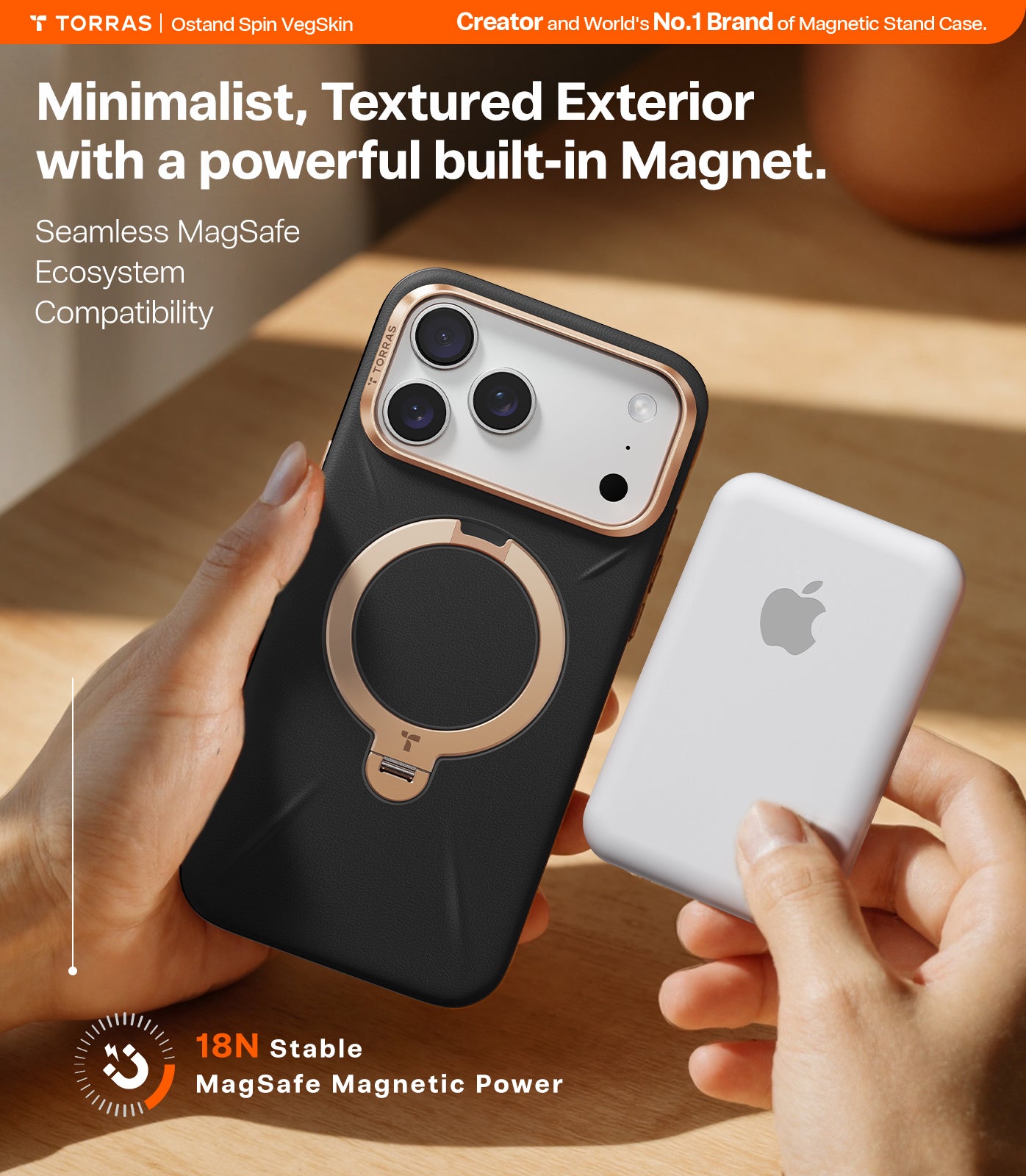 TORRAS Ostand Spin VegSkin Series Case for iPhone 17 Pro (6.3") 2025– Magnetic Stand, Premium Leather Touch, Ultra-Thin 360° Rotatable Metal Stand, MagSafe Compatible, Anti-Stain, Slim & Lightweight Cover - Black
