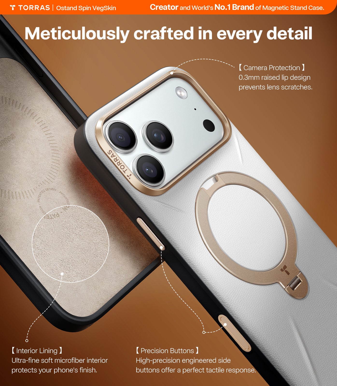 TORRAS Ostand Spin VegSkin Series Case for iPhone 17 Pro Max (6.9") 2025– Magnetic Stand, Premium Leather Touch, Ultra-Thin 360° Rotatable Metal Stand, MagSafe Compatible, Anti-Stain, Slim & Lightweight Cover - Pearl Grey
