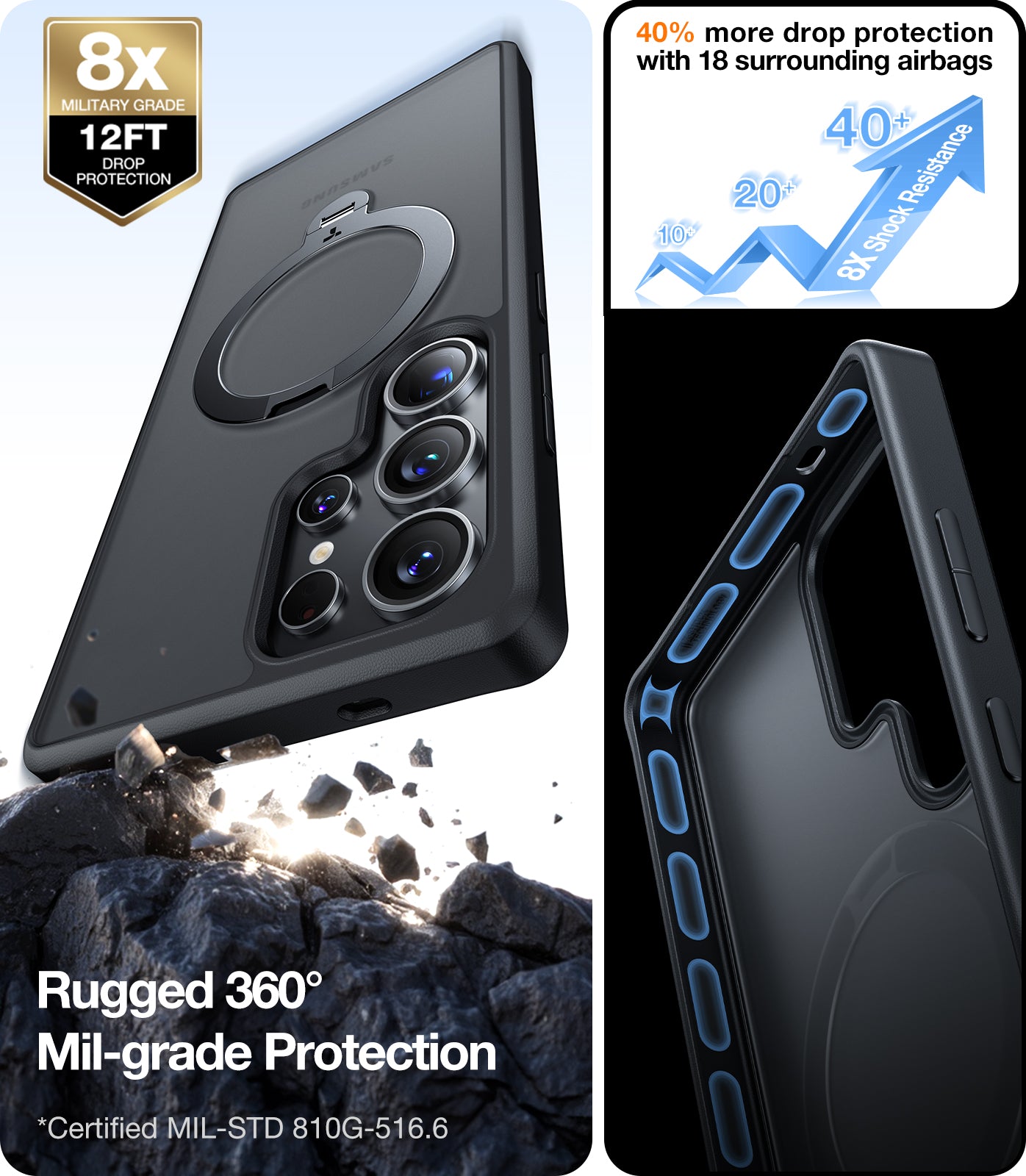 TORRAS 360° Spin Magnetic Stand for Samsung Galaxy S25 Ultra Case, Fit for Magsafe, Mil Grade Slim Protective S25 Ultra Case with Kickstand & Ring Holder, Ostand Spin, Translucent Forested Black