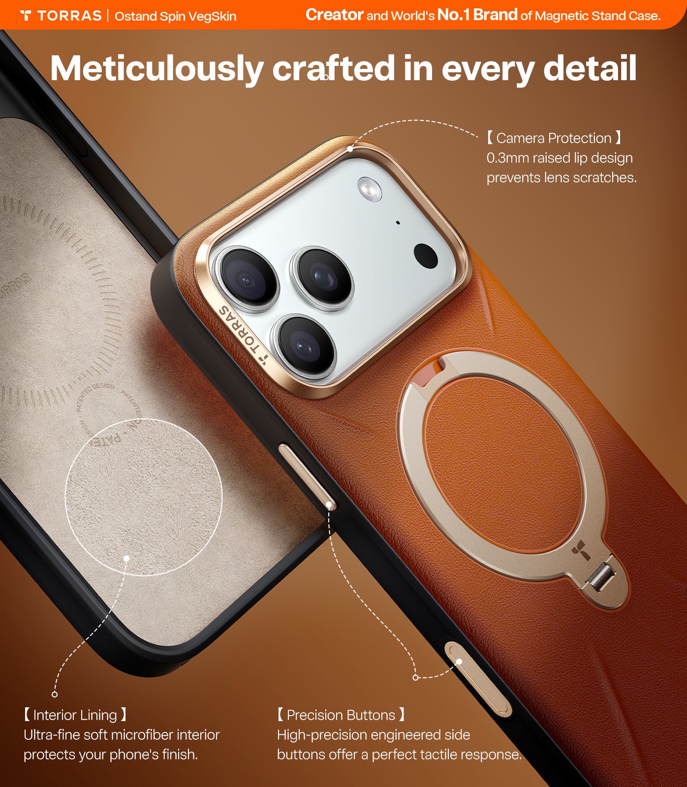 TORRAS Ostand Spin VegSkin Series Case for iPhone 17 Pro (6.3-Inch) 2025– Magnetic Stand, Premium Leather Touch, Ultra-Thin 360° Rotatable Metal Stand, MagSafe Compatible, Anti-Stain, Slim And Lightweight Cover - Amber Brown