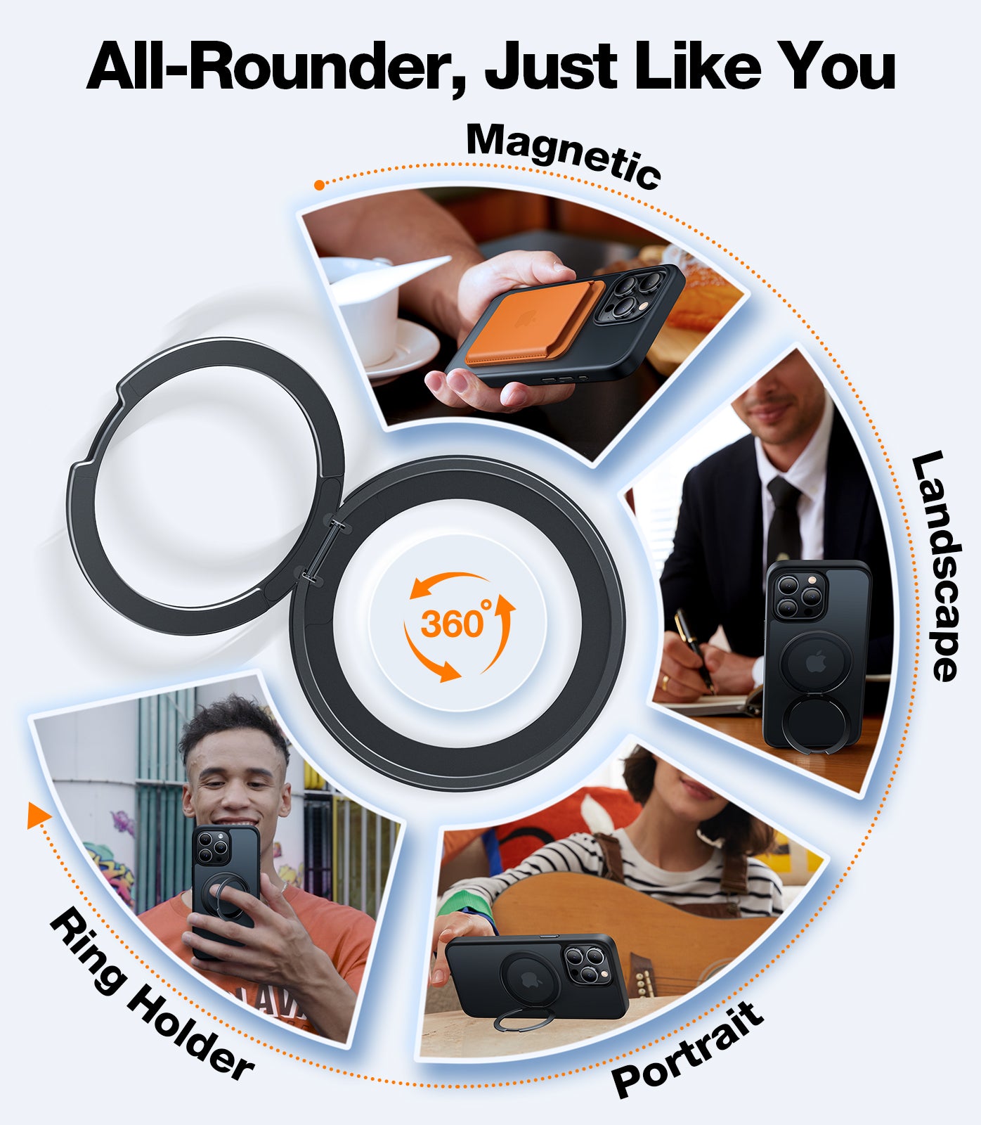 TORRAS 360°Rotatable Magnetic Ring for iPhone 15 Pro Max Case, Fit for MagSafe with Stand & Ring Holder, [Mil-Grade Shockproof Translucent Back for iPhone 15 ProMax Case Ostand Pro, Black
