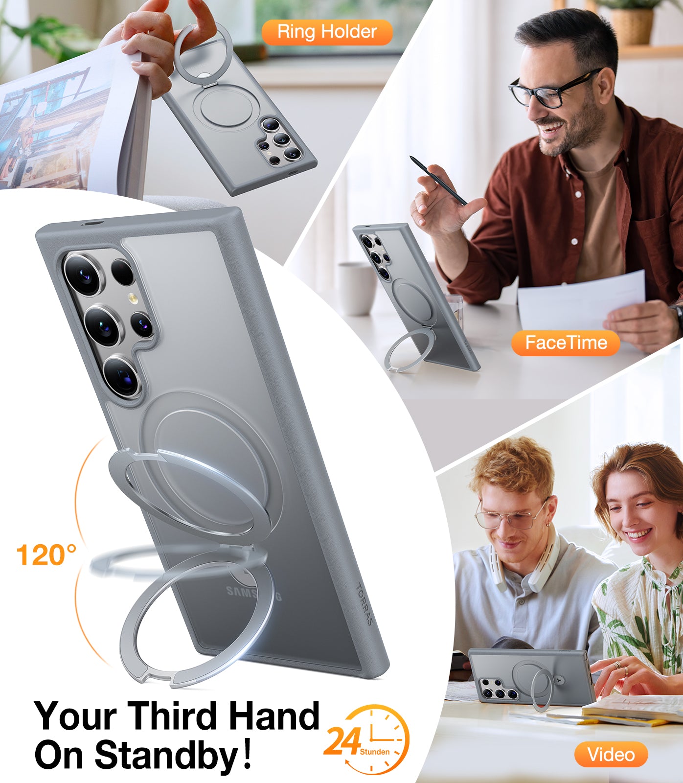 TORRAS Magnetic Ostand Ring Case with Stand Designed for Samsung Galaxy S24 Ultra Case [Fit for MagSafe&Wireless Charging] [Mil-Grade Drop Tested] Transparent Hard Back Soft Edge, Ostand Matte, Grey