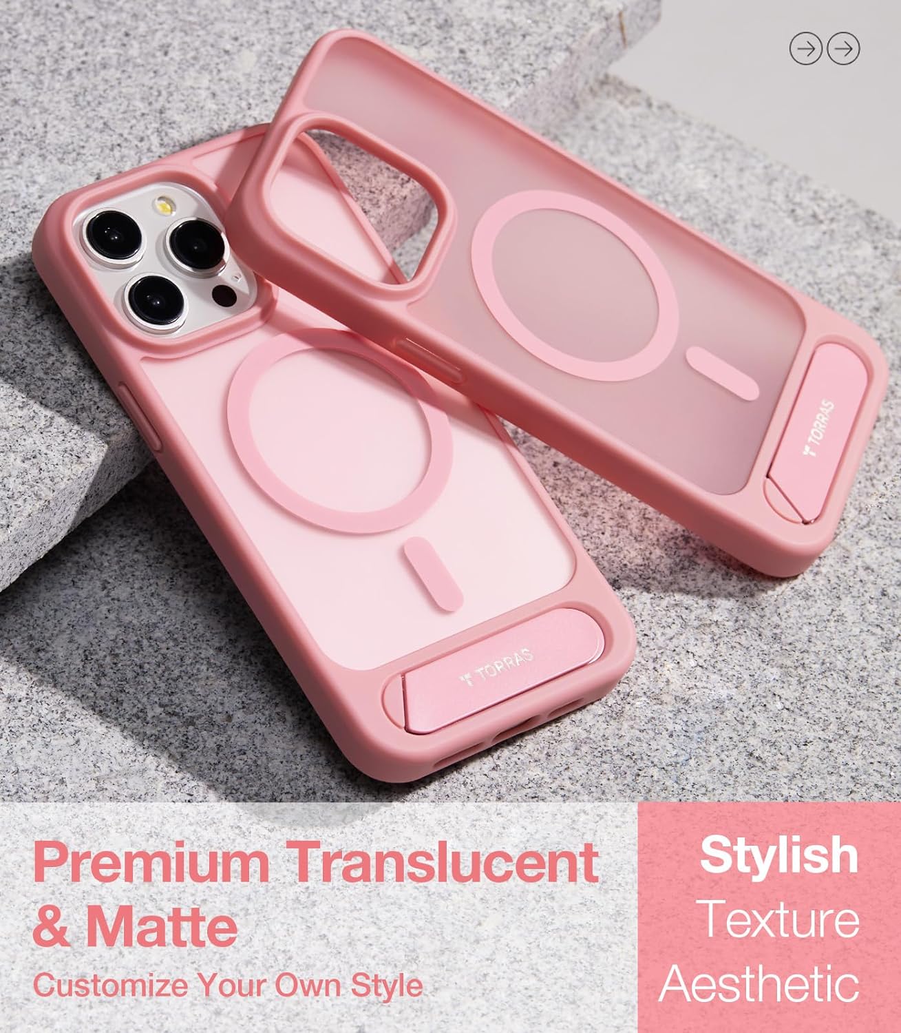 TORRAS Magnetic & Seamless Stand for iPhone 15 Pro Max Case, Fit for MagSafe, Mil-Grade Drop Protection, Adjustable Kickstand Phone Case for iPhone 15 Pro Max, Slim Frosted Matte, Pstand, Pink