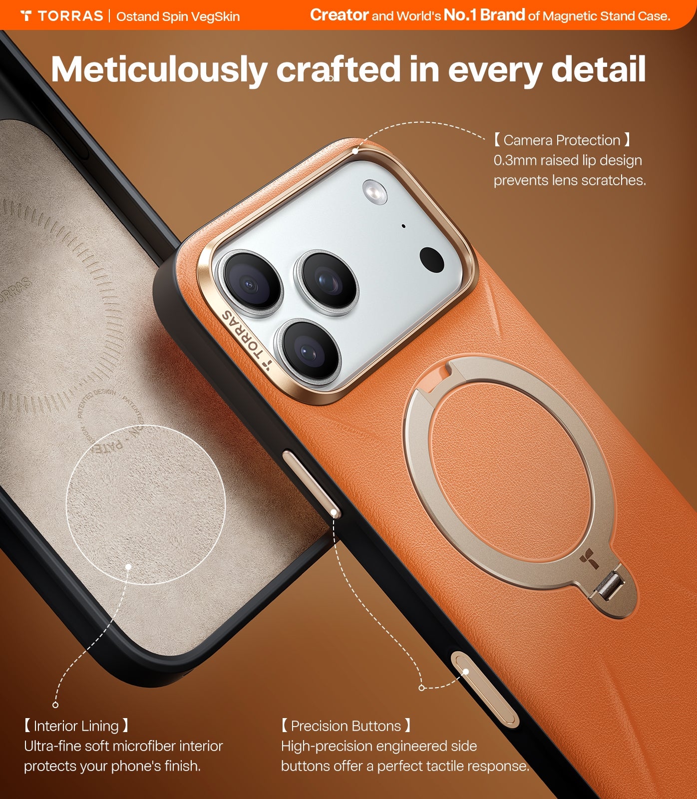 TORRAS Ostand Spin VegSkin Series Case for iPhone 17 Pro Max (6.9") 2025– Magnetic Stand, Premium Leather Touch, Ultra-Thin 360° Rotatable Metal Stand, MagSafe Compatible, Anti-Stain, Slim & Lightweight Cover - Tarocco Orange