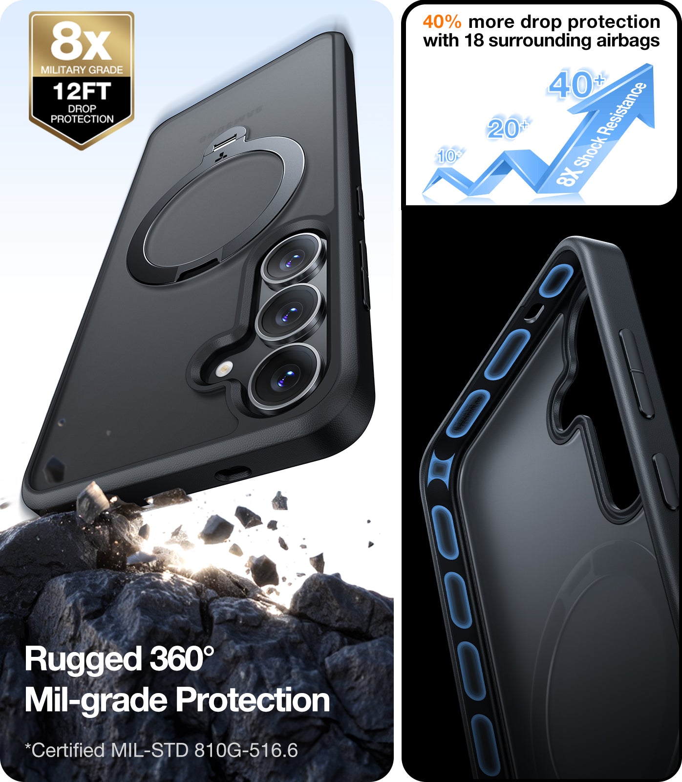 TORRAS 360°Spin Magnetic Stand for Samsung Galaxy S25 Plus Case (2025), Fit for Magsafe Mil-Grade Shockproof Slim Protective S25+ Plus Case with Kickstand & Ring Holder, Ostand Spin, Black