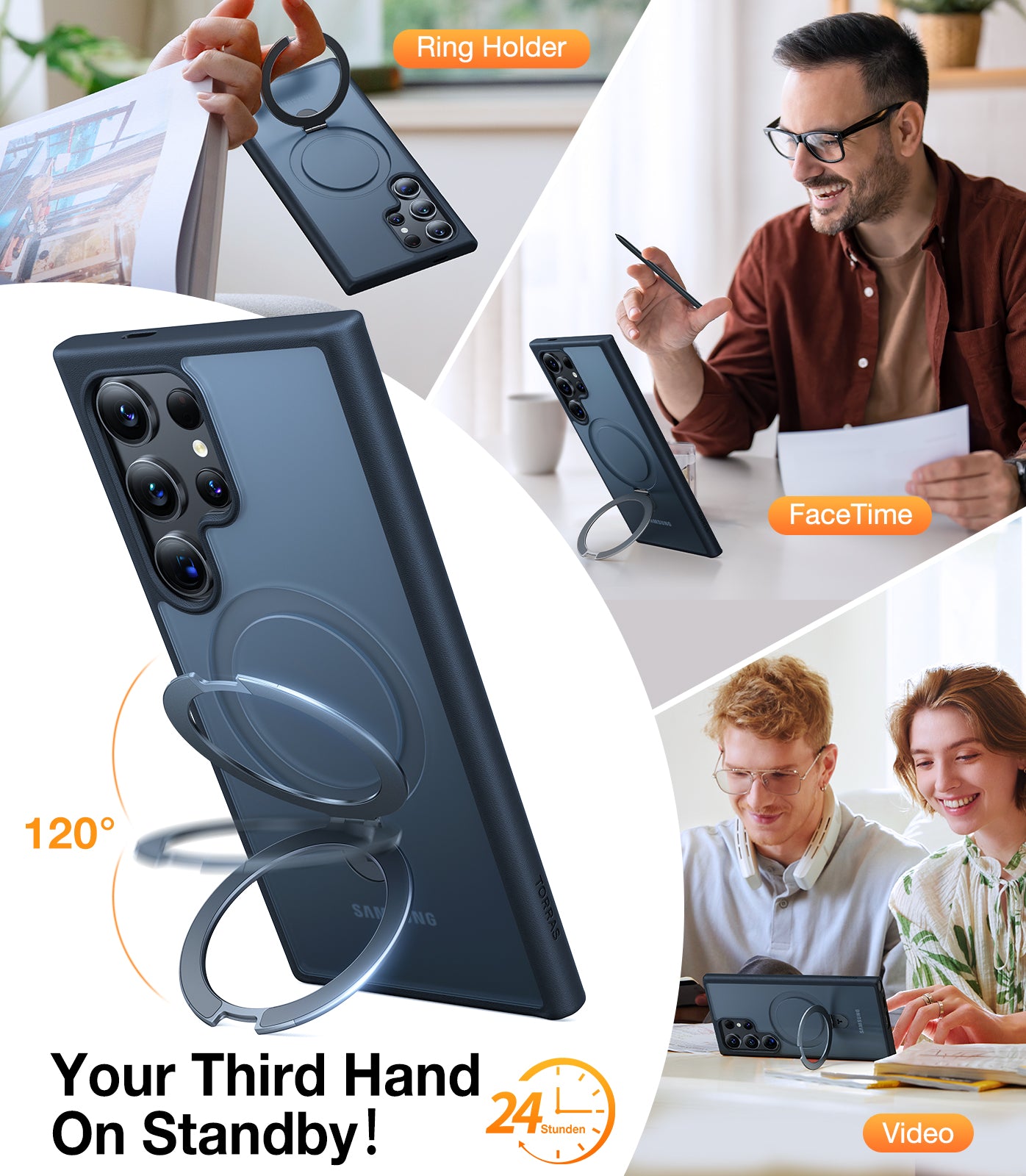 TORRAS Magnetic Ostand Ring Case with Stand Designed for Samsung Galaxy S24 Ultra Case [Fit for MagSafe&Wireless Charging] [Mil-Grade Drop Tested] Transparent Hard Back Soft Edge, Ostand Matte, Black