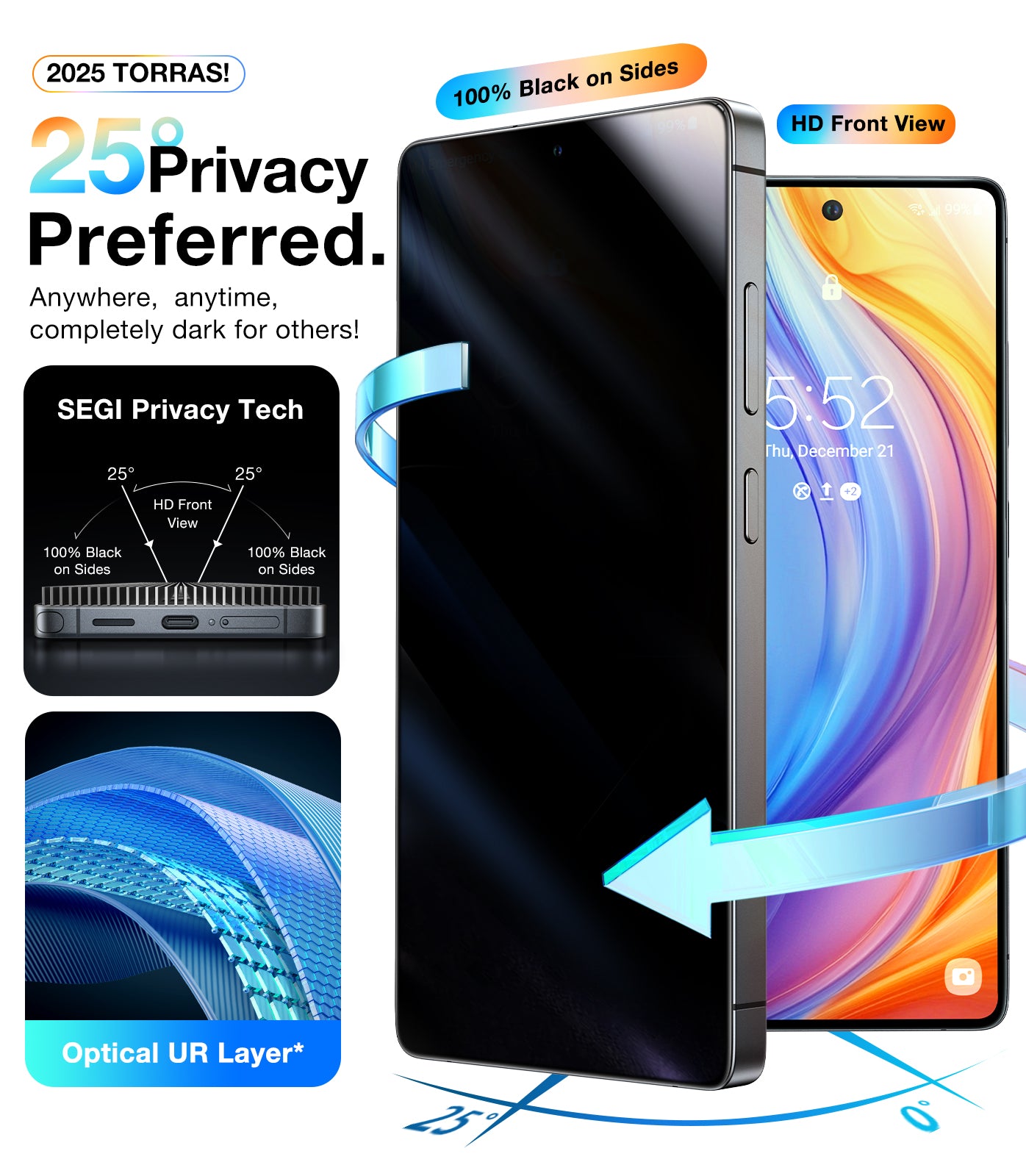 TORRAS 12FT Mil-Grade Shatterproof for Samsung Galaxy S25 Ultra Privacy Screen Protector [9H+ Aerospace Tempered Glass＆ One-Pull Installation] Anti Spy Bubble Free 6.9″ GlassGo X Privacy