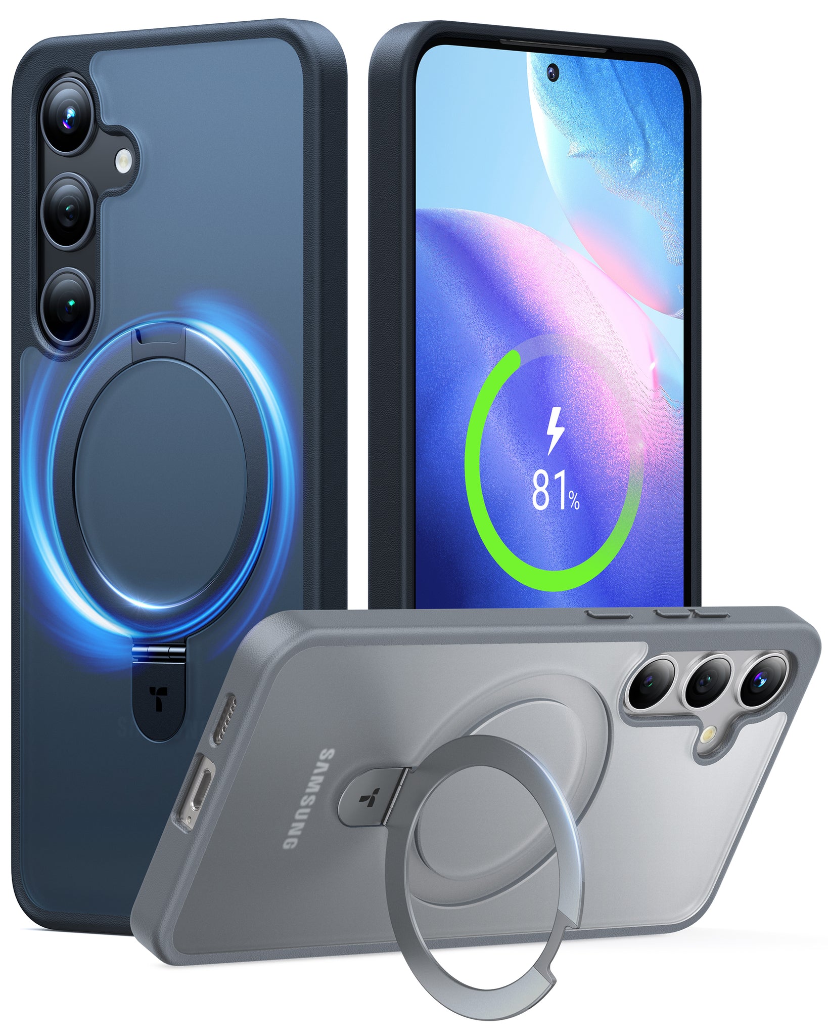 TORRAS Magnetic Ostand for Samsung Galaxy S24 Case [Compatible with MagSafe] [Mil-Grade Drop Tested] [Ring Holder] [Build in Kickstand] Matte Translucent Slim Back Soft Edge with Stand, Ostand Matte, Grey