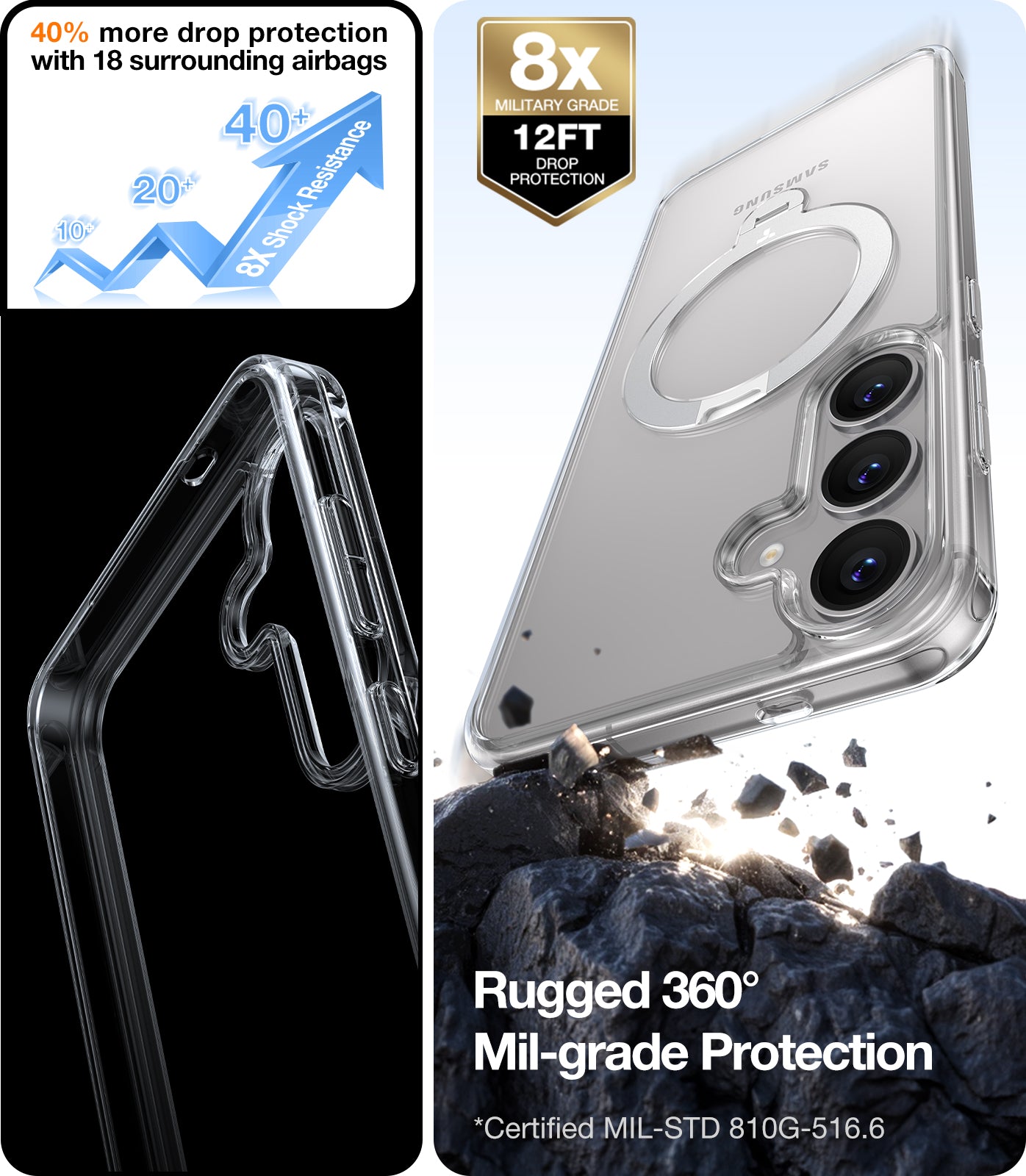 TORRAS 360°Spin Magnetic Stand for Samsung Galaxy S25 Plus Case (2025), Fit for Magsafe Mil-Grade Shockproof Slim Protective S25+ Plus Case with Kickstand & Ring Holder, Ostand Spin, Clear