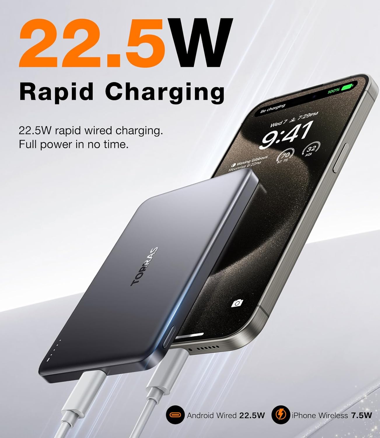 TORRAS MiniMag Qi2 Power Bank, 10,000mAh Magnetic Battery Pack, Qi2 Certified 30W with USB-C Cable, 15W Ultra-Fast MagSafe-Compatible Portable Charger, for iPhone 16 Pro Max/16 Pro/16/15, Titanium Gray