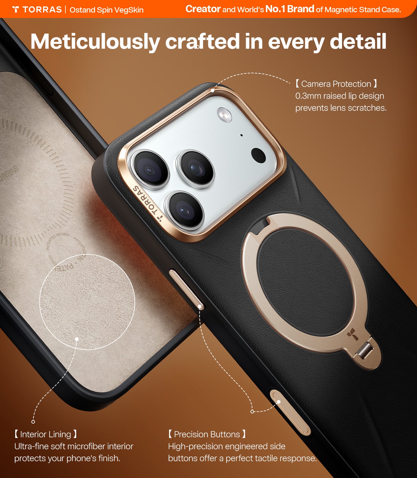 TORRAS Ostand Spin VegSkin Series Case for iPhone 17 Pro (6.3") 2025– Magnetic Stand, Premium Leather Touch, Ultra-Thin 360° Rotatable Metal Stand, MagSafe Compatible, Anti-Stain, Slim & Lightweight Cover - Black