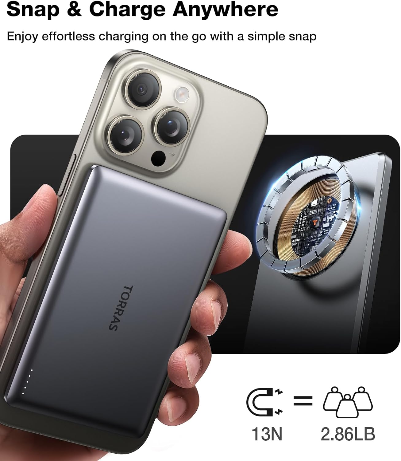 TORRAS MiniMag Power Bank, Ultra Slim 5,000mAh Wireless Portable Charger with USB-C Cable, Fast Charging Magnetic Battery Pack, Magsafe-Compatible Charger for iPhone 16/15/14/13/12, Glacier Gray