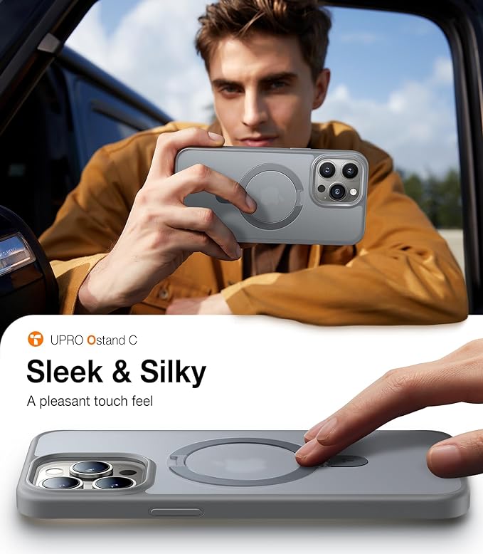 TORRAS Magnetic Ostand for iPhone 15 Pro Max Case 6.7 inch, [Mil-Grade Drop Tested][Compatible with MagSafe][Built in Kickstand] Translucent Slim Back Soft Edge, Ostand matte, Frost Grey