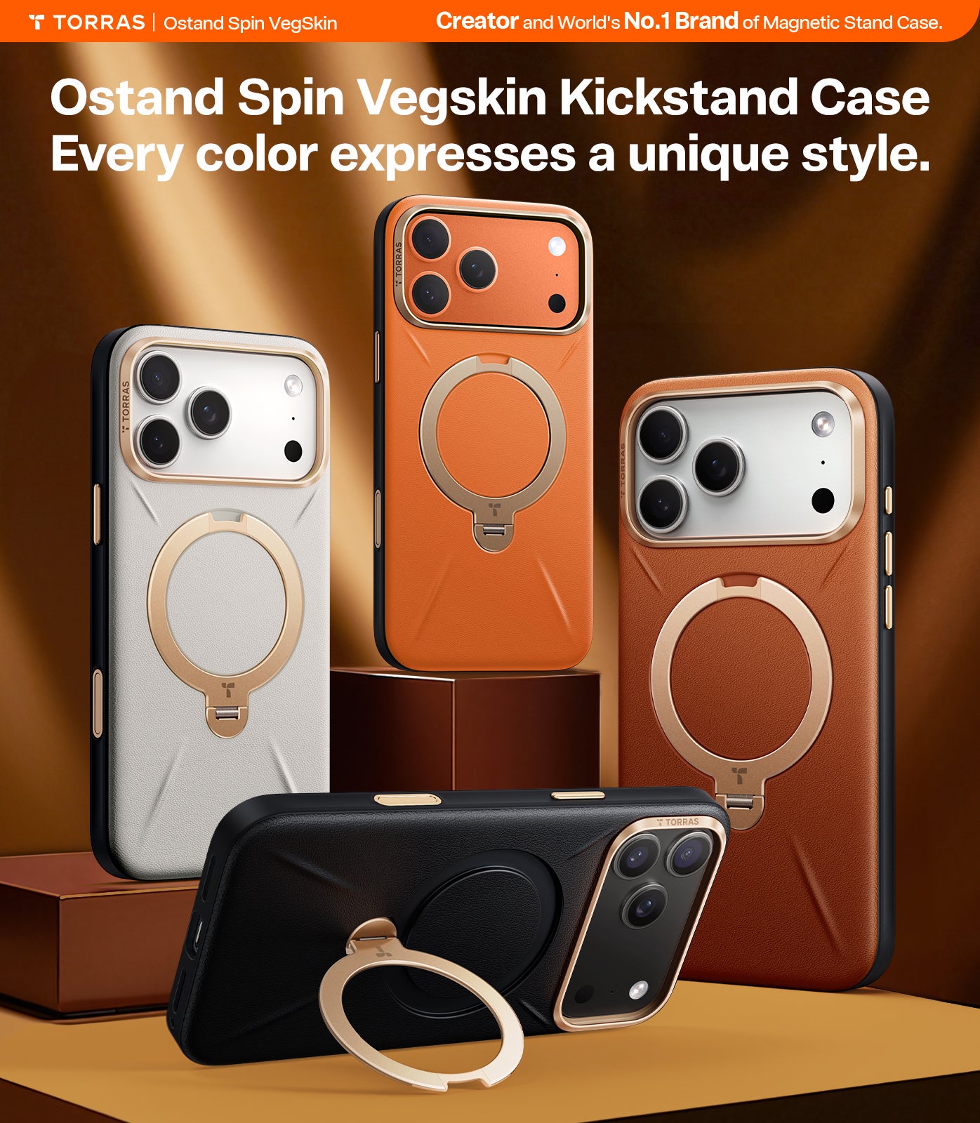 TORRAS Ostand Spin VegSkin Series Case for iPhone 17 Pro Max (6.9") 2025– Magnetic Stand, Premium Leather Touch, Ultra-Thin 360° Rotatable Metal Stand, MagSafe Compatible, Anti-Stain, Slim & Lightweight Cover - Amber Brown