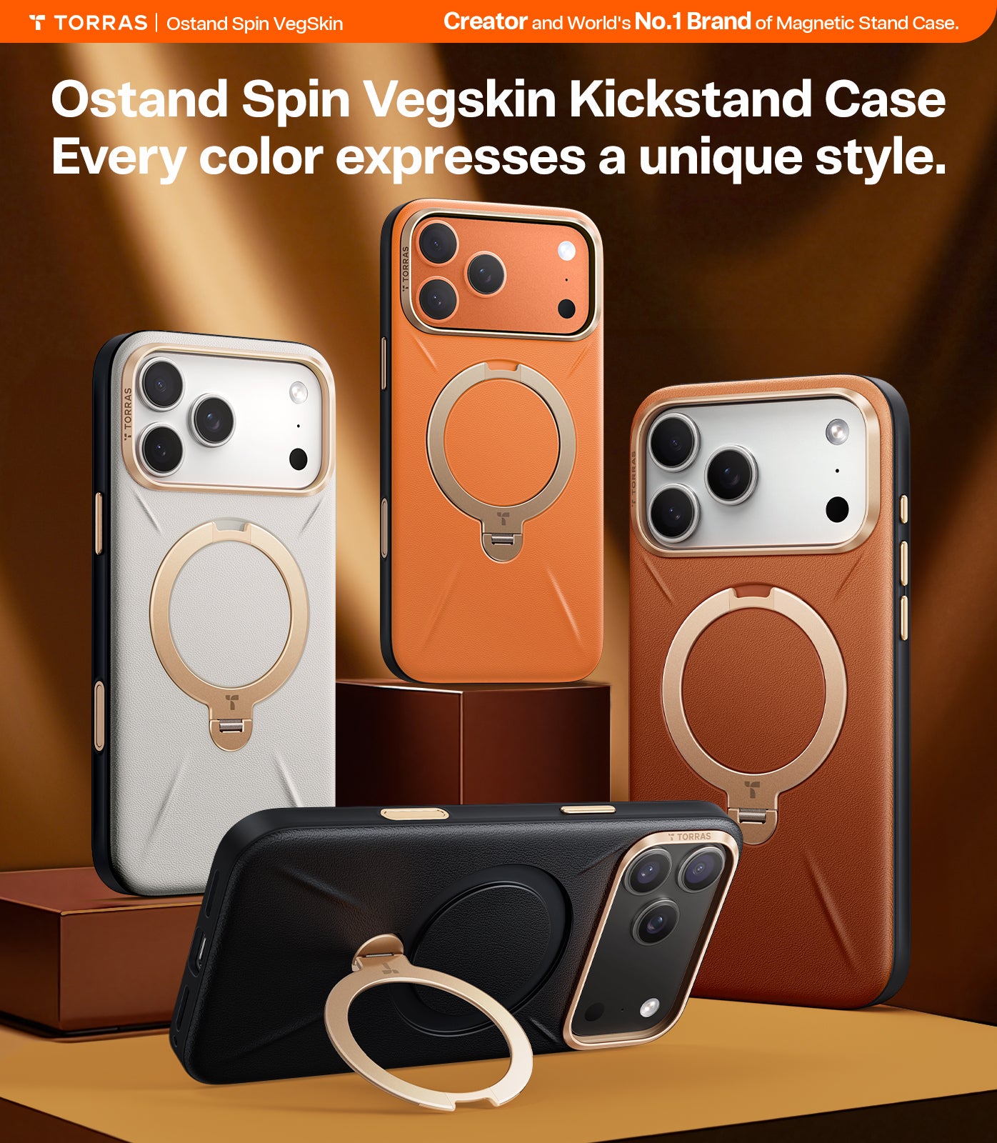 TORRAS Ostand Spin VegSkin Series Case for iPhone 17 Pro (6.3") 2025– Magnetic Stand, Premium Leather Touch, Ultra-Thin 360° Rotatable Metal Stand, MagSafe Compatible, Anti-Stain, Slim & Lightweight Cover - Black