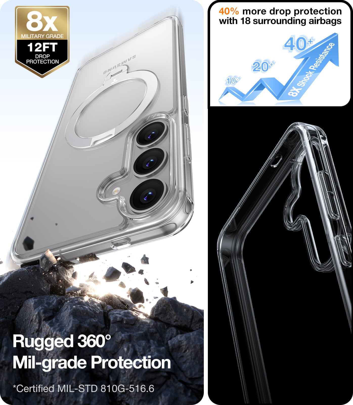 TORRAS 360°Spin Magnetic Stand for Samsung Galaxy S25 Plus Case (2025), Fit for Magsafe Mil-Grade Shockproof Slim Protective S25+ Plus Case with Kickstand & Ring Holder, Ostand Spin, Clear