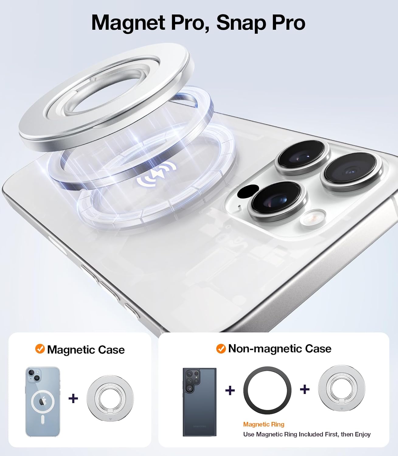 TORRAS 2025 Newest Thin Fit for MagSafe Phone Grip Ring Holder Dual-Ring Compatible with MagSafe Kickstand Magnetic for iPhone 16/15/14/13/12/11 Samsung, Google Accessories, Silver White