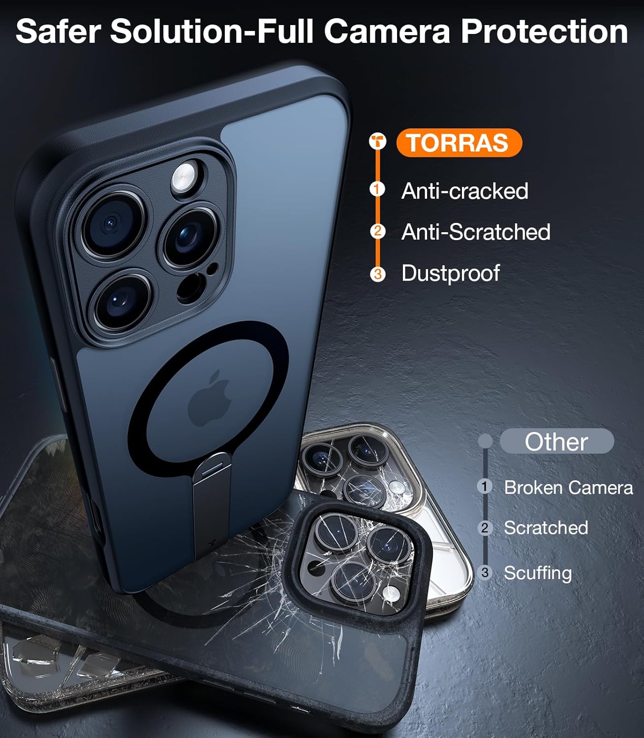 TORRAS Upgraded 360° Rotable Stand Magnetic Shockproof for iPhone 16 Pro Case with Full Camera Protection, Fit for MagSafe, 16FT Mil-Grade Shockproof Slim Phone Case for iPhone 16 Pro 6.3", Black
