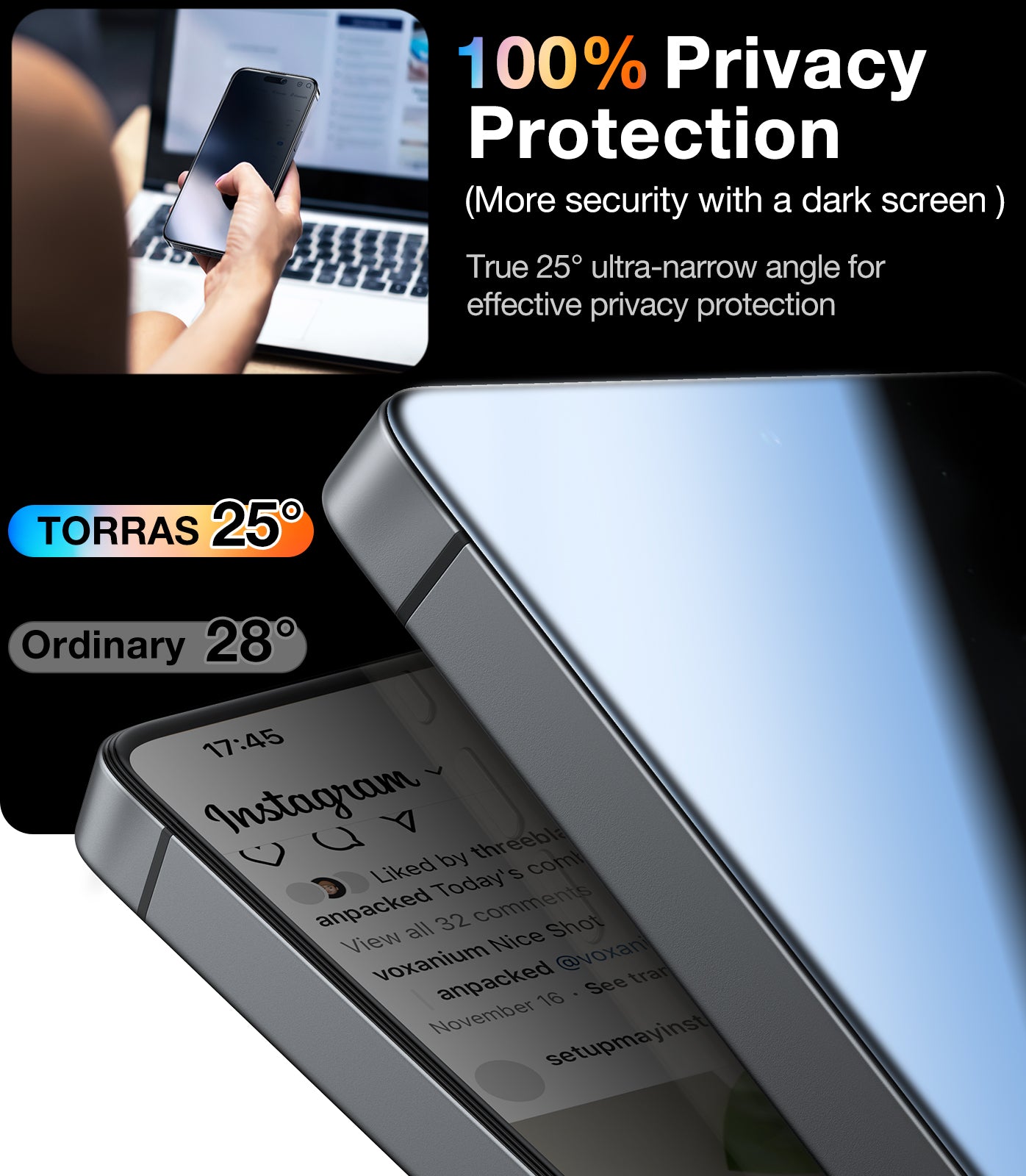 TORRAS 12FT Mil-Grade Shatterproof for Samsung Galaxy S25 Ultra Privacy Screen Protector [9H+ Aerospace Tempered Glass＆ One-Pull Installation] Anti Spy Bubble Free 6.9″ GlassGo X Privacy