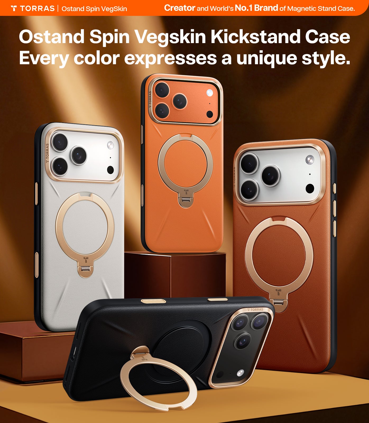 TORRAS Ostand Spin VegSkin Series Case for iPhone 17 Pro Max (6.9") 2025– Magnetic Stand, Premium Leather Touch, Ultra-Thin 360° Rotatable Metal Stand, MagSafe Compatible, Anti-Stain, Slim & Lightweight Cover - Tarocco Orange