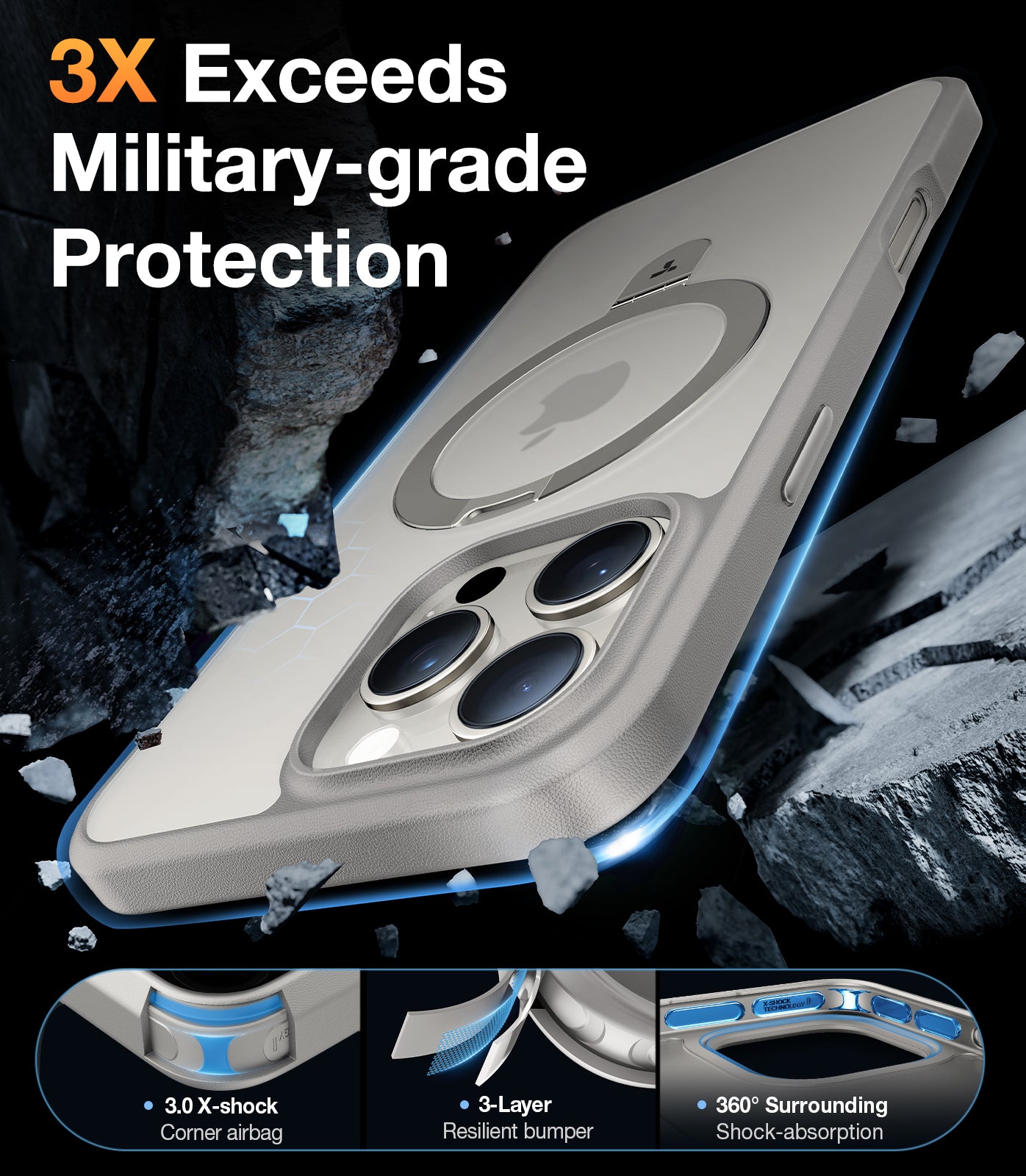 جراب TORRAS مغناطيسي لهاتف iPhone 16 Pro Max مع حامل، حامل مدمج متوافق مع MagSafe، تم اختباره ضد السقوط بدرجة عسكرية، حماية، جراب هاتف شفاف رفيع لهاتف iPhone 16 Pro Max 6.9 بوصة 2024، رمادي تيتانيوم طبيعي 