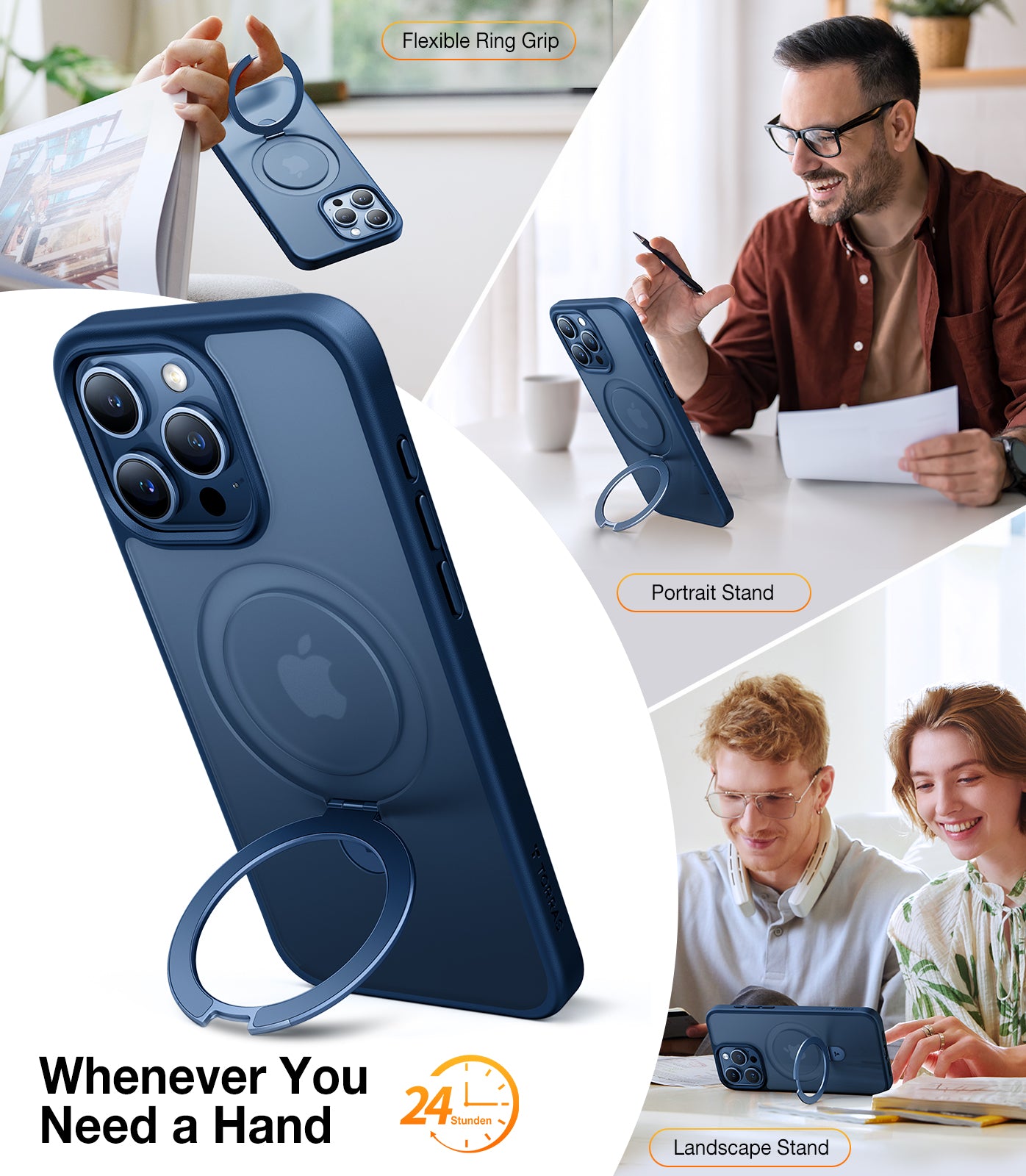 TORRAS Magnetic Ostand for iPhone 15 Pro Max Case 6.7 inch,[Mil-Grade Drop Tested][Compatible with MagSafe][Built in Kickstand] Translucent Slim Back Soft Edge, Ostand matte, Frost Blue Navy