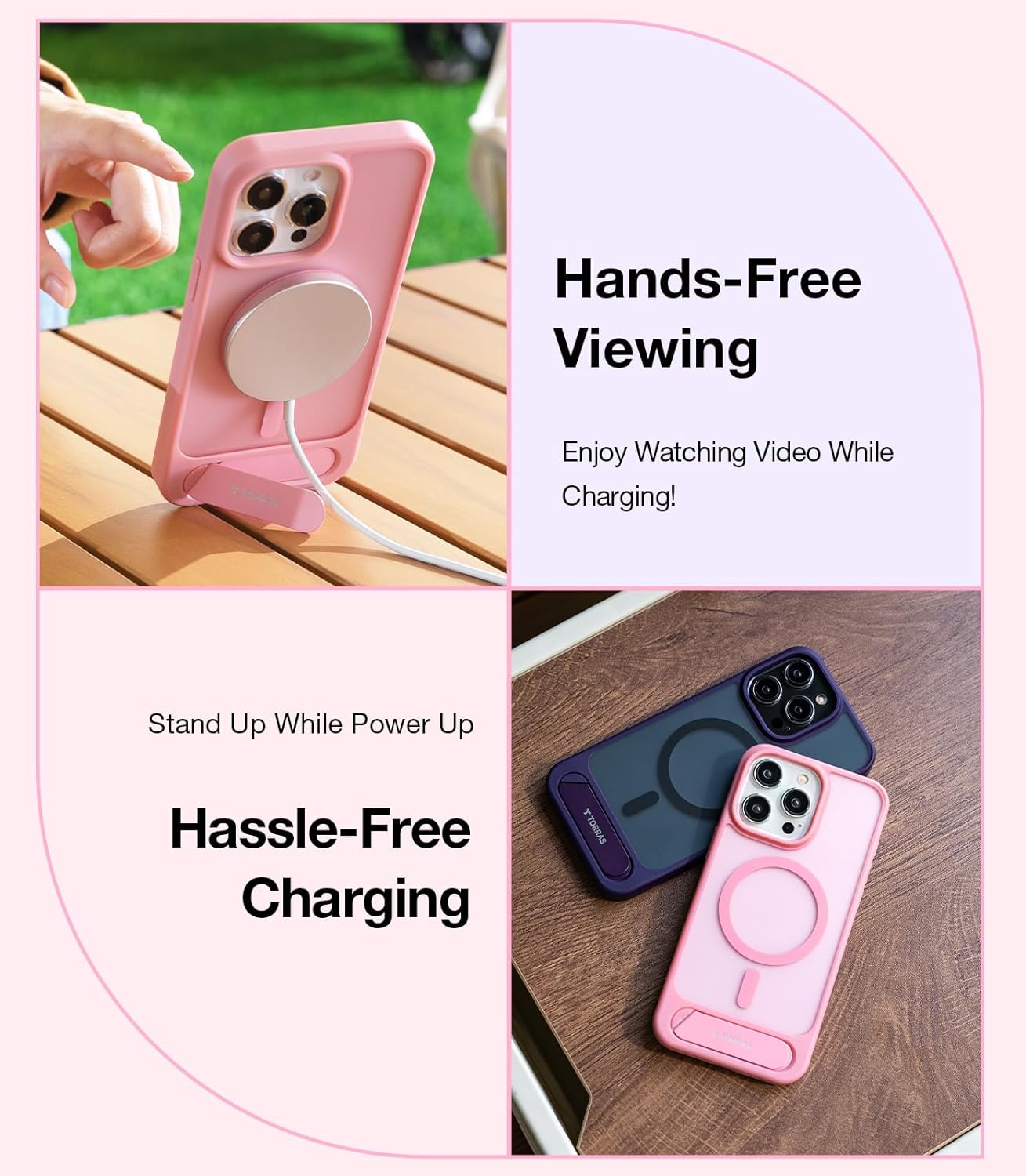 TORRAS Magnetic & Seamless Stand for iPhone 15 Pro Max Case, Fit for MagSafe, Mil-Grade Drop Protection, Adjustable Kickstand Phone Case for iPhone 15 Pro Max, Slim Frosted Matte, Pstand, Pink