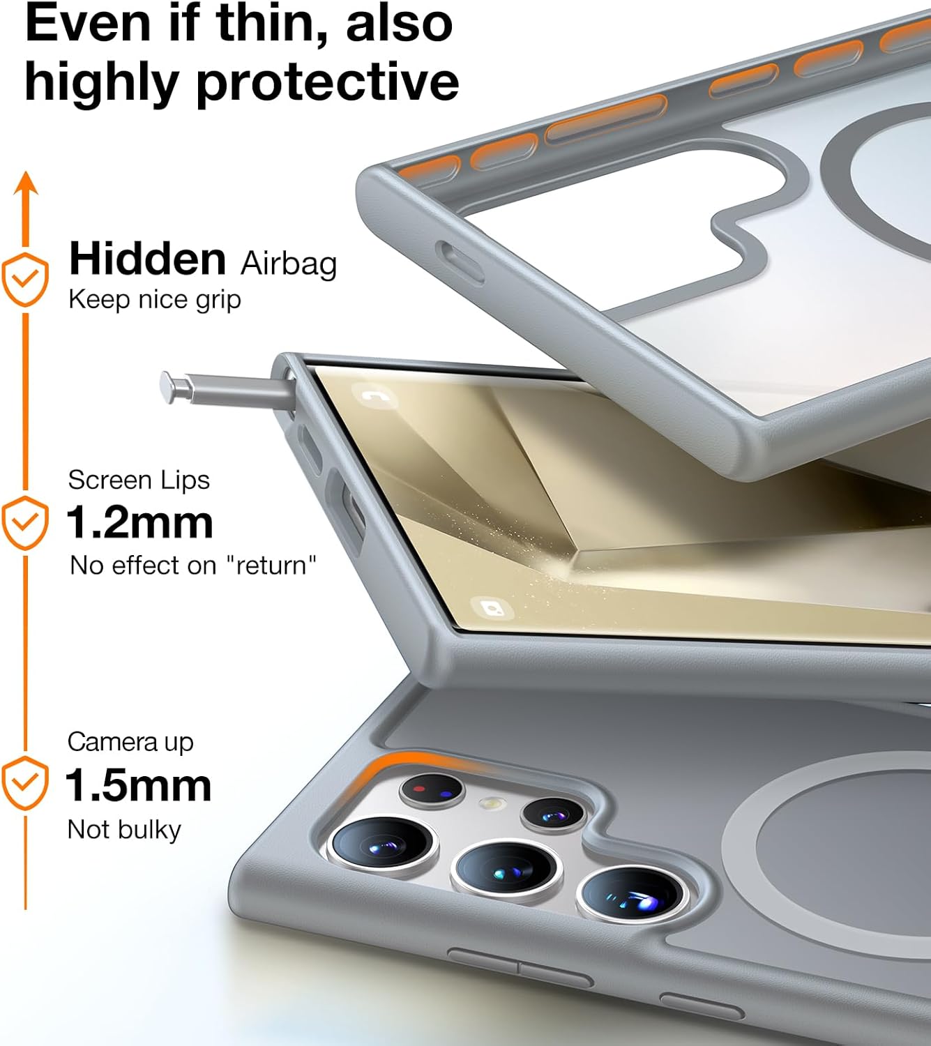 TORRAS Magnetic Shockproof for Samsung Galaxy S24 Ultra Case, [18N Strong Magnetic] [12 FT Mil-Grade Protection] [Compatible with MagSafe] Protective Translucent Matte Slim Case, Guardian-Mag Grey