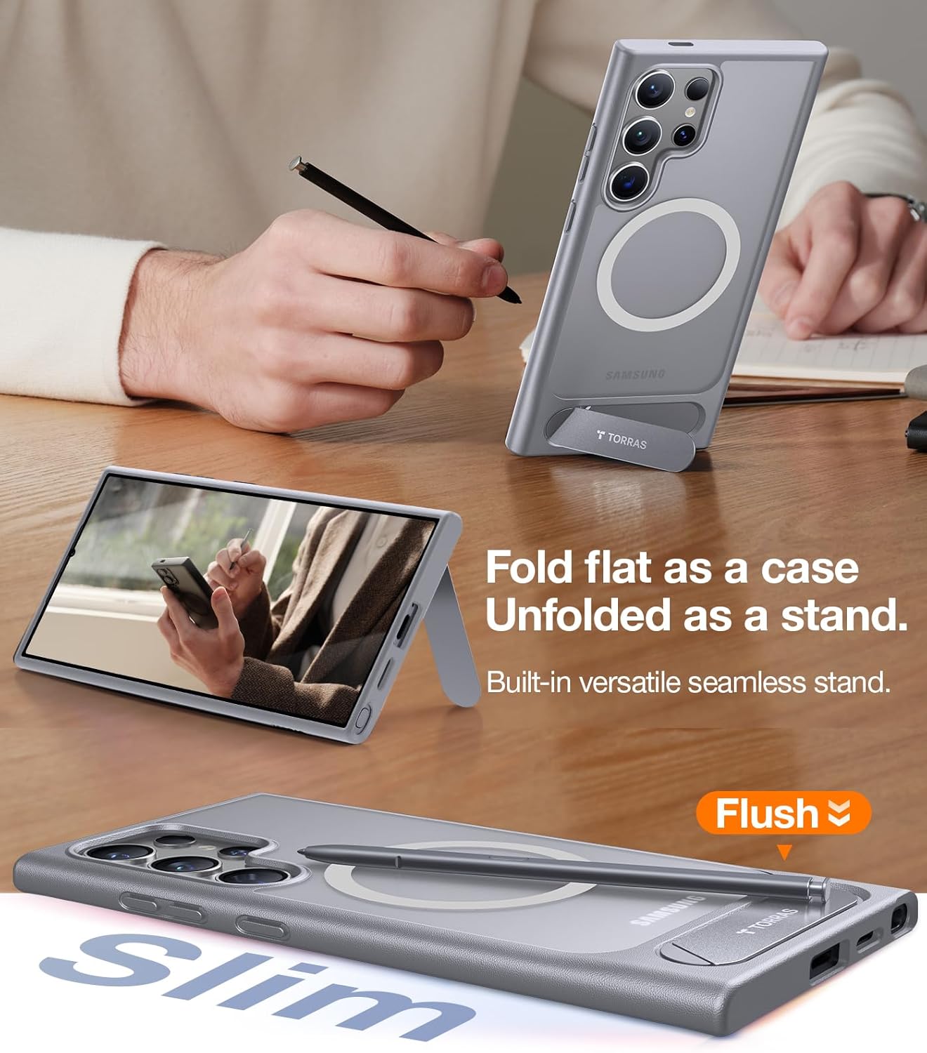 TORRAS Strong Magnetic & Seamless Stand for Samsung Galaxy S24 Ultra Case, Fit for MagSafe, Mil-Grade Drop Protection, Adjustable Kickstand for Samsung Galaxy S24 Ultra Case, Slim Frosted Matte, Pstand, Grey