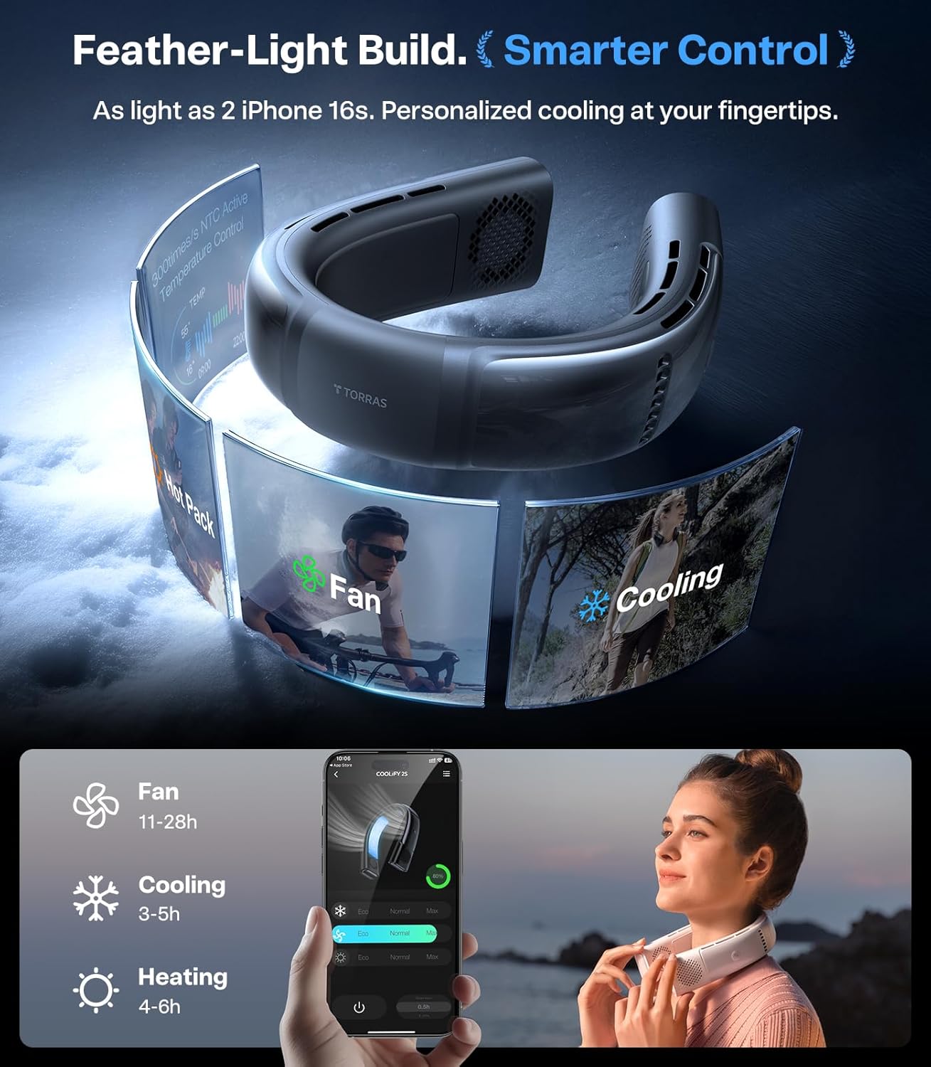 TORRAS COOLIFY 2S Neck Air Conditioner, Cool Down 30 Degree F in 1S Fan, Strong Wind Portable Cooler and Heater Personal Fan 3-Speed, App Control Rechargeable, Starry Black