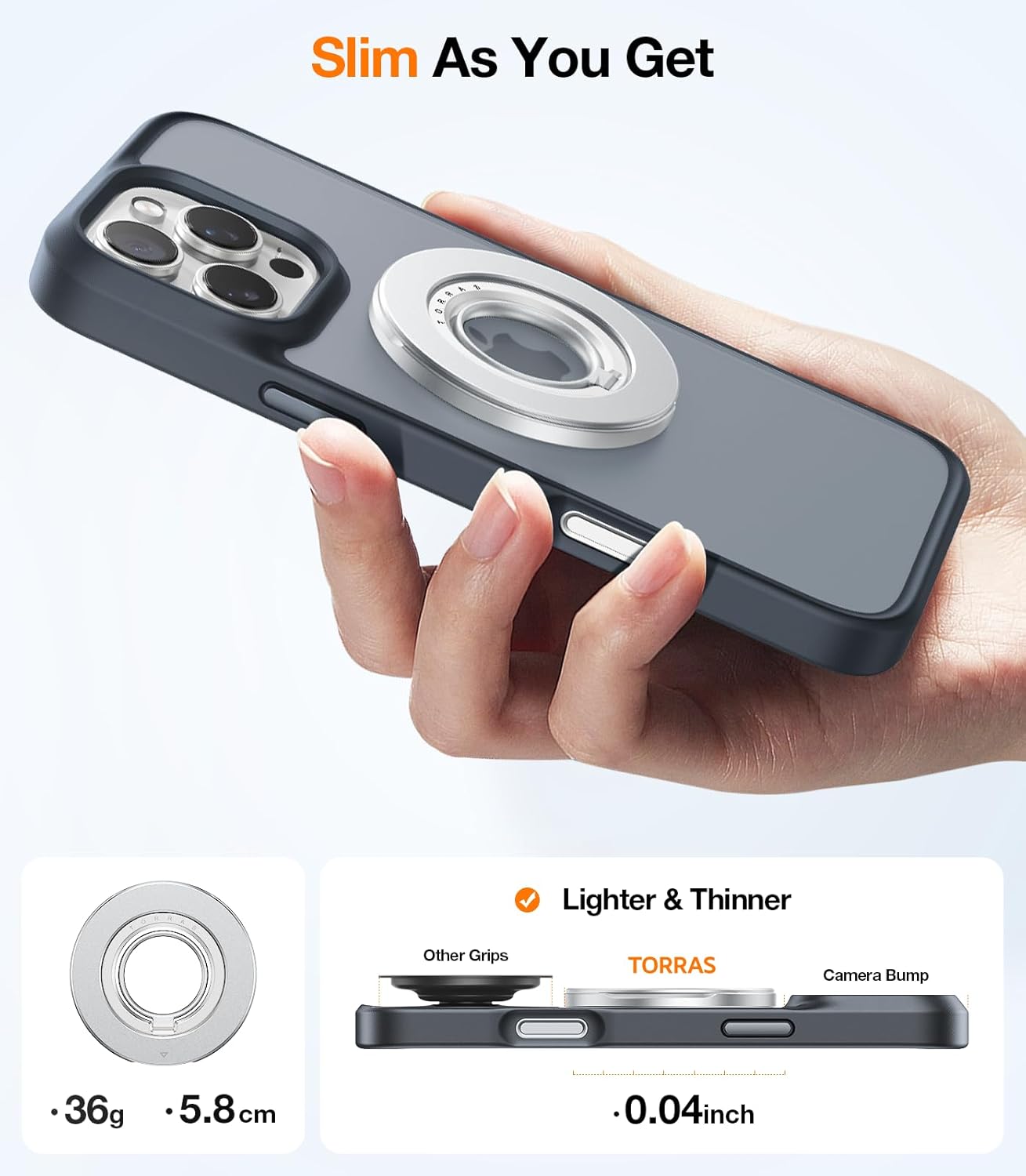 TORRAS 2025 Newest Thin Fit for MagSafe Phone Grip Ring Holder Dual-Ring Compatible with MagSafe Kickstand Magnetic for iPhone 16/15/14/13/12/11 Samsung, Google Accessories, Silver White