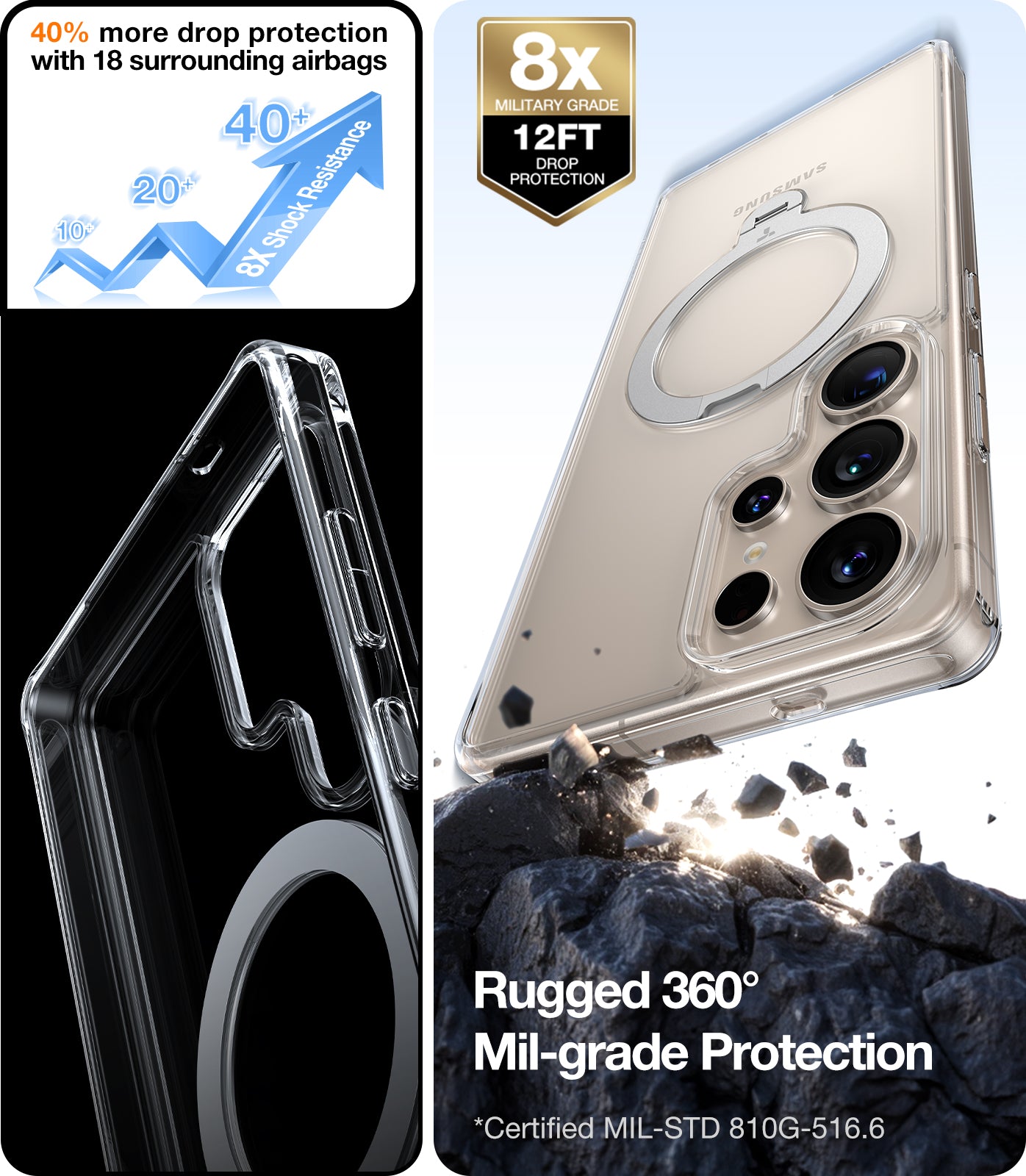 TORRAS 360° Spin Magnetic Stand for Samsung Galaxy S25 Ultra Case, Fit for Magsafe, Mil-Grade Slim Hard PC Protective S25 Ultra Clear Case with Kickstand & Ring Holder, Ostand Spin, Clear