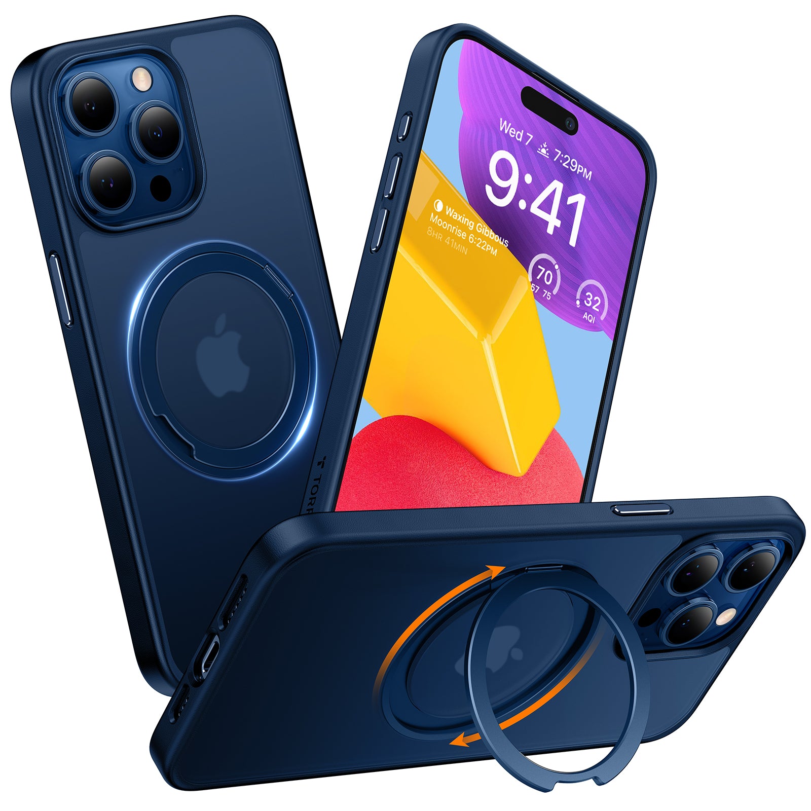 TORRAS 360°Rotatable Magnetic Ring for iPhone 15 Pro Max Case, Fit for MagSafe with Stand & Ring Holder, Mil-Grade Shockproof Translucent Back for iPhone 15 ProMax Case Ostand Pro, Blue Navy Blue
