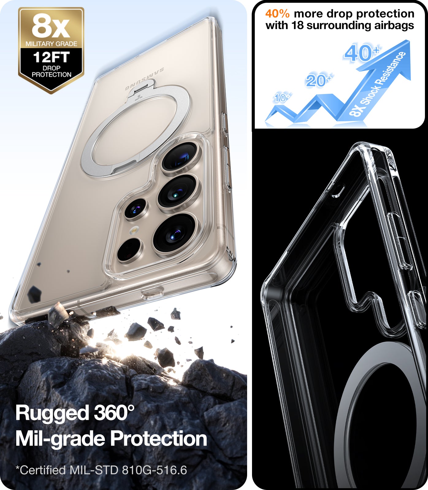TORRAS 360° Spin Magnetic Stand for Samsung Galaxy S25 Ultra Case, Fit for Magsafe, Mil-Grade Slim Hard PC Protective S25 Ultra Clear Case with Kickstand & Ring Holder, Ostand Spin, Clear