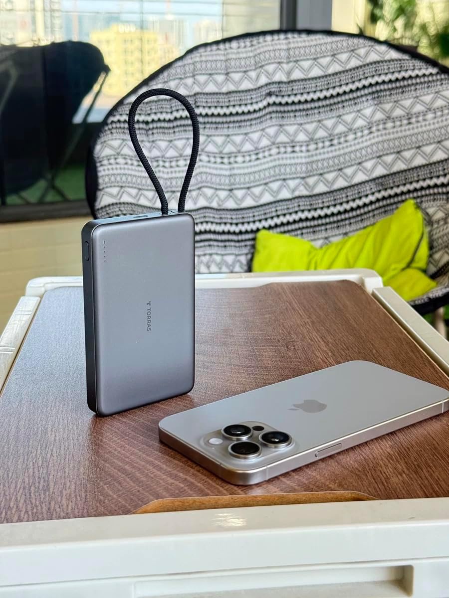 TORRAS PebbleLink Power Bank with Built-in USB-C Cable, Ultra-Slim 10,000mAh Portable Charger USB C, 22.5W Fast Charging Battery Pack for iPhone 16/15/Samsung S24 Ultra/Android, Glacier Grey (No-Wireless)