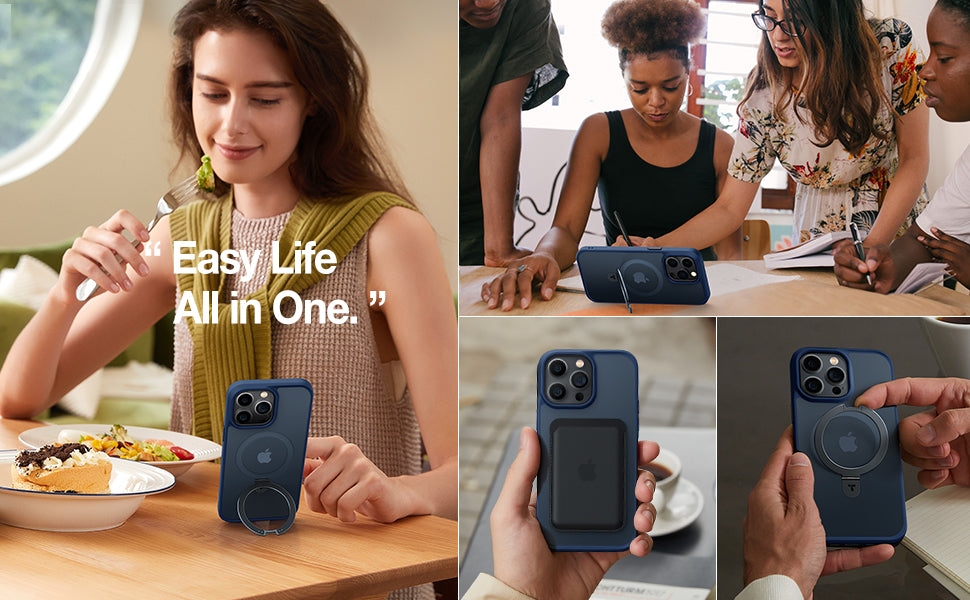 TORRAS Magnetic Ostand for iPhone 15 Pro Max Case 6.7 inch,[Mil-Grade Drop Tested][Compatible with MagSafe][Built in Kickstand] Translucent Slim Back Soft Edge, Ostand matte, Frost Blue Navy