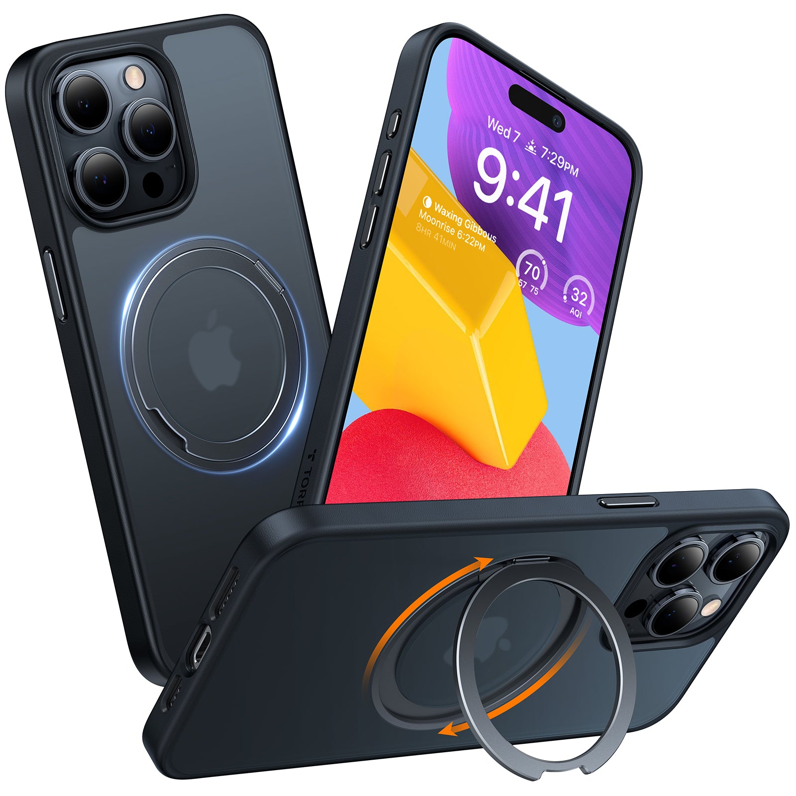 TORRAS 360°Rotatable Magnetic Ring for iPhone 15 Pro Max Case, Fit for MagSafe with Stand & Ring Holder, [Mil-Grade Shockproof Translucent Back for iPhone 15 ProMax Case Ostand Pro, Black