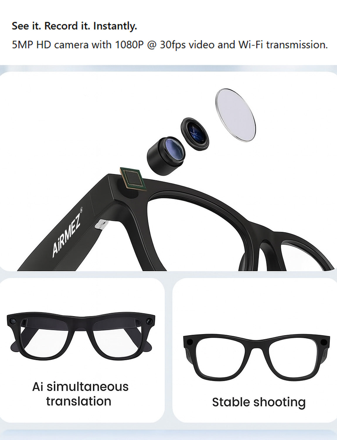 Airmez MezLens S1 Smart Ai Glasses with 5MP Camera, 1080P Video, Noise Reduction Microphone, Bluetooth, and Magnetic Charging – Black