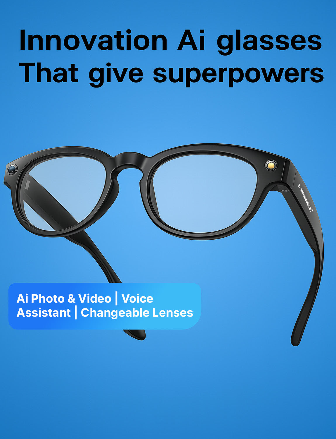 Airmez MezLens S1 Smart Ai Glasses with 5MP Camera, 1080P Video, Noise Reduction Microphone, Bluetooth, and Magnetic Charging – Black