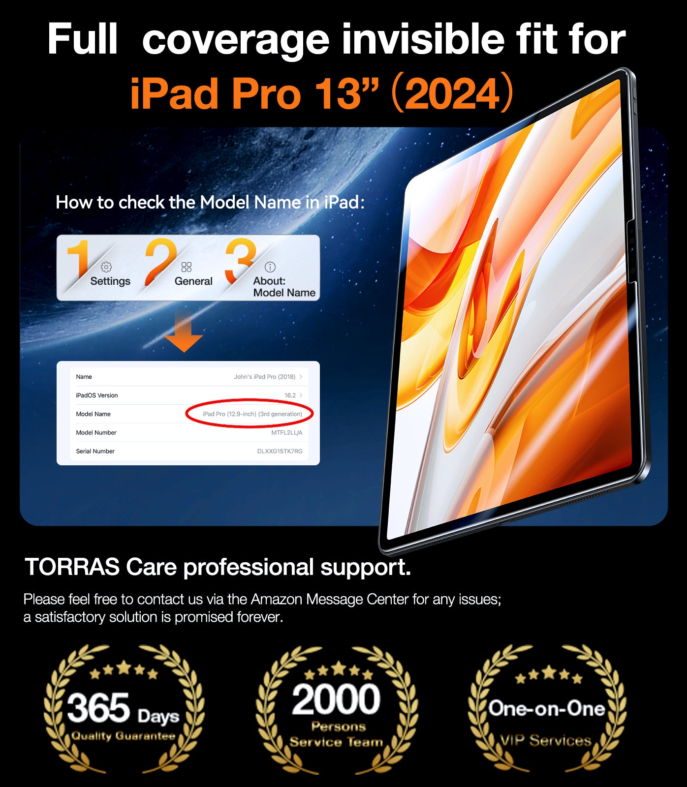TORRAS iPad Pro 13 Inch Screen Protector M4 2024, Military-Grade Shatterproof [TOP 9H+ Tempered Glass＆ One-Pull Installation] Anti-Scratch, Bubble Free, Apple Pencil Compatible, HD Clarity